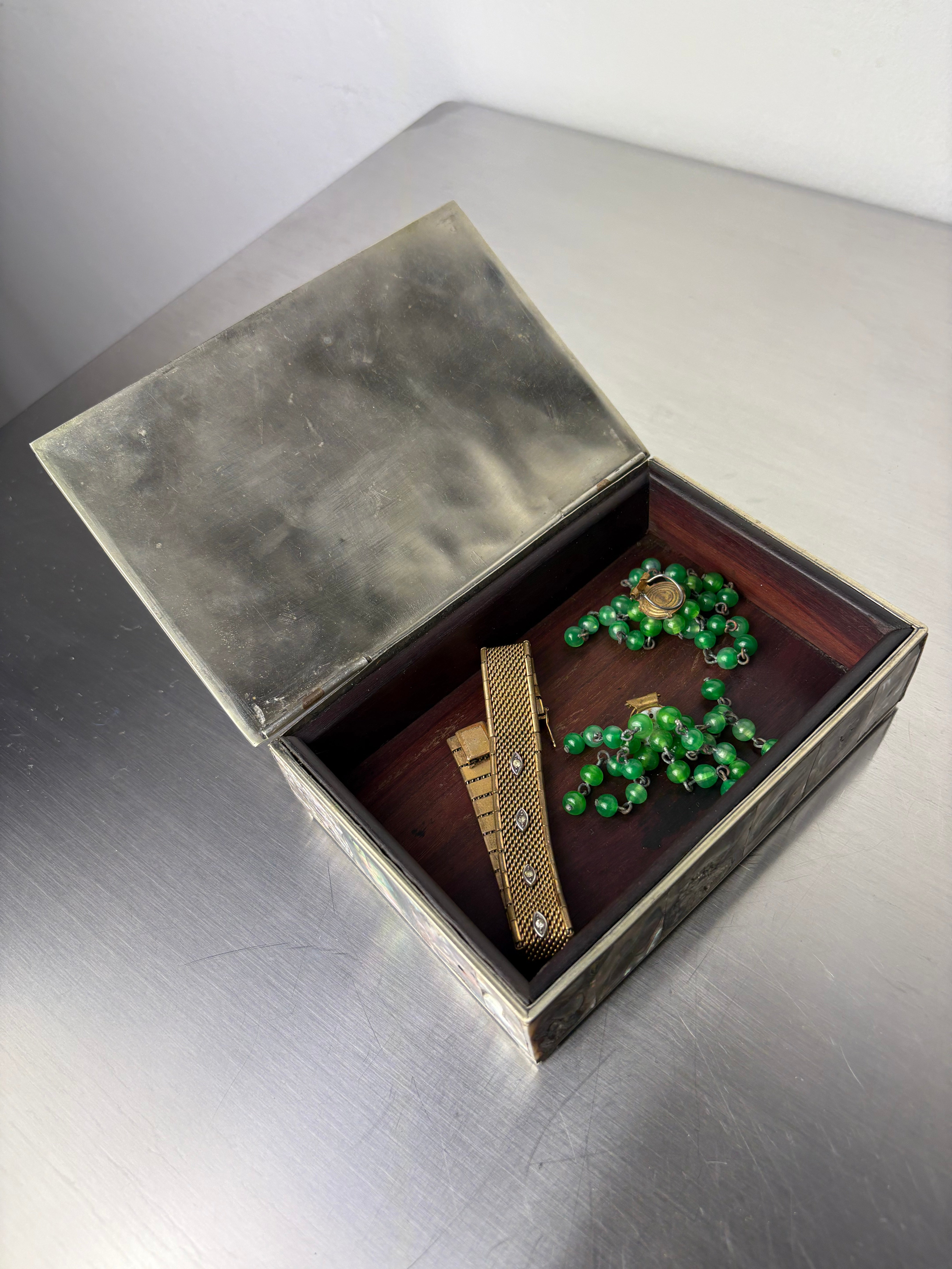 Abalone shell vanity box, Alpaca & wood, Mexico, circa 1970