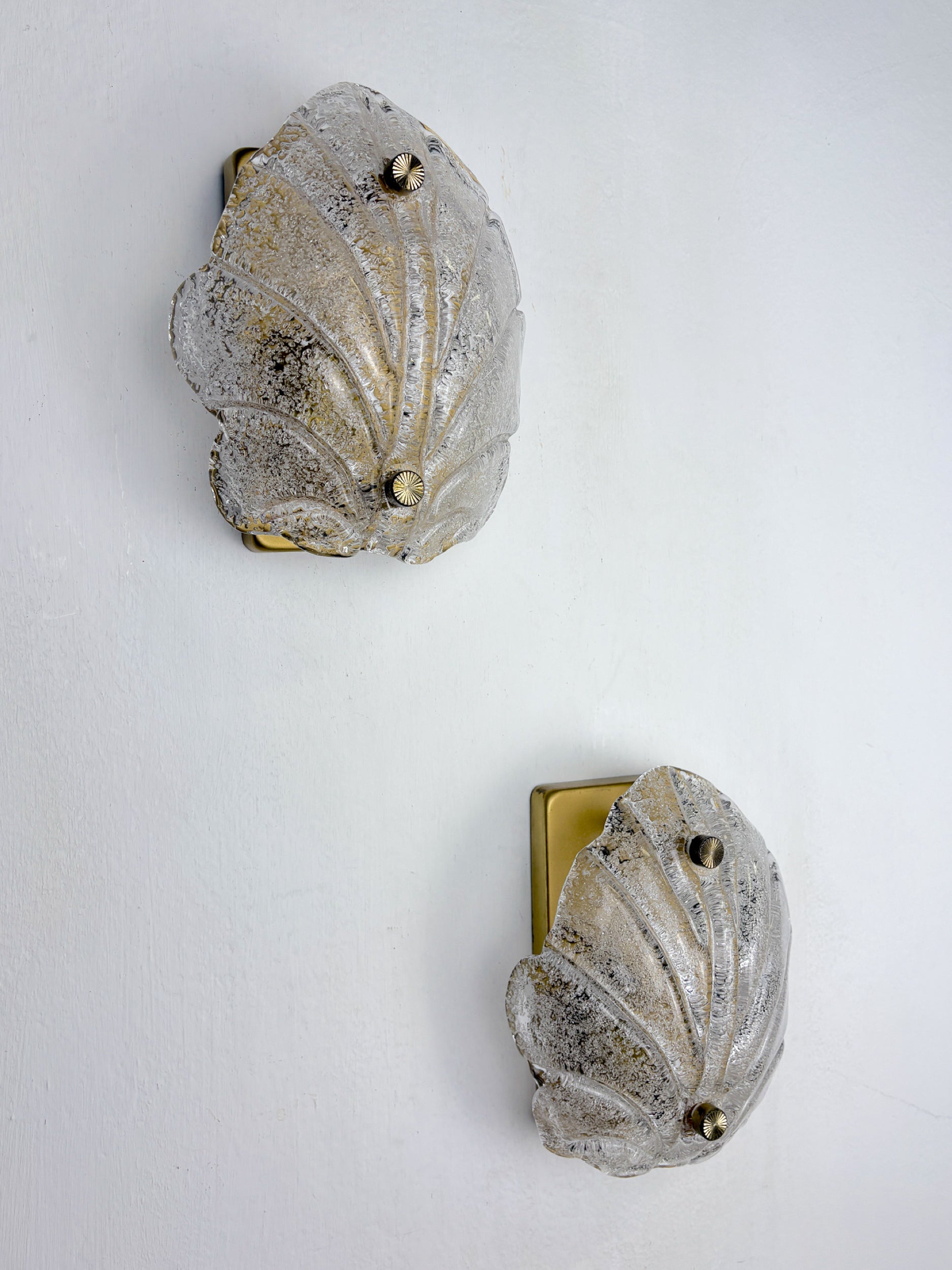Pair of Murano Frosted Leaf Sconces, Textured Glass & Gilt details, Italy, Circa 1970's