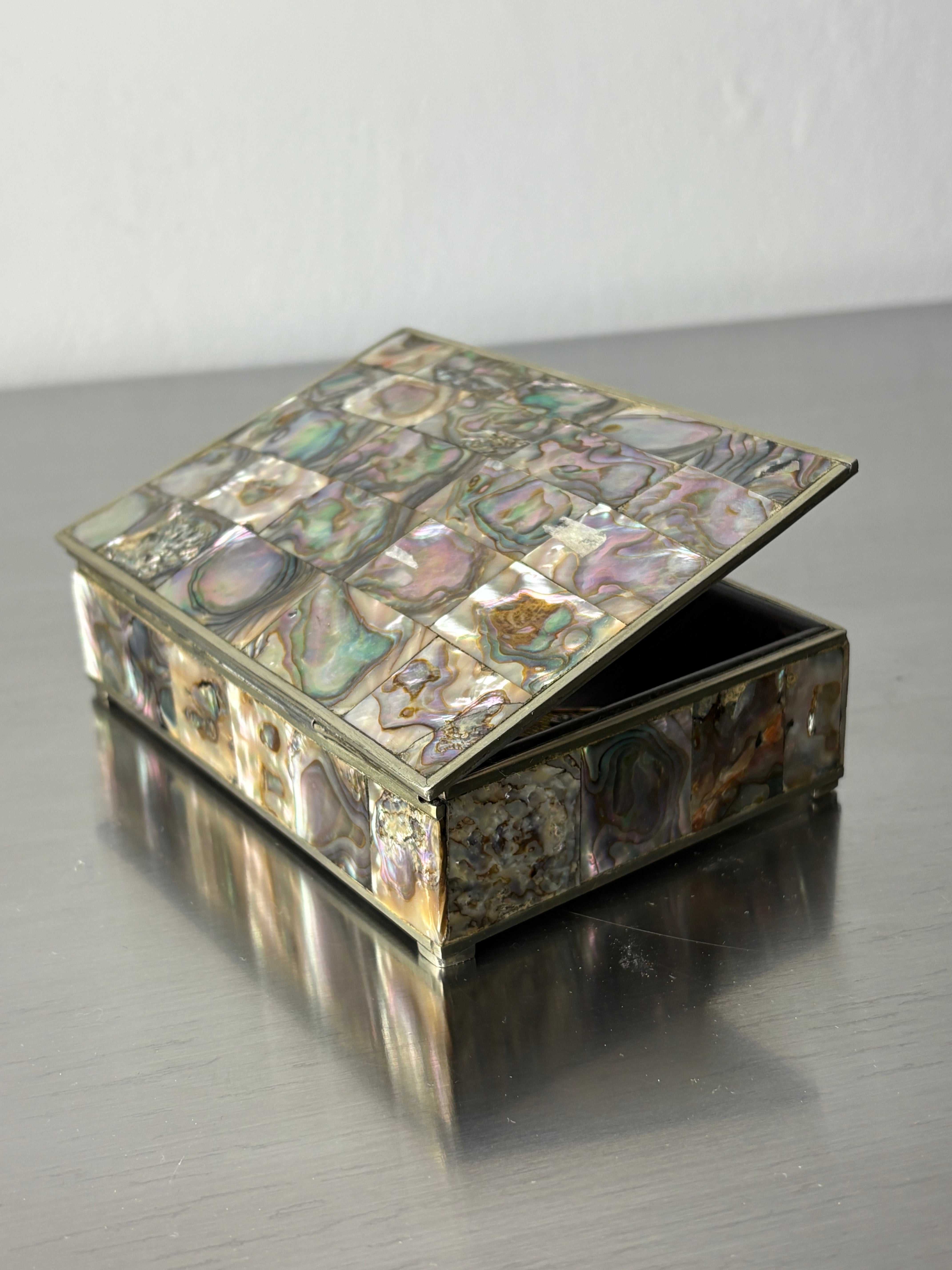 Abalone shell vanity box, Alpaca & wood, Mexico, circa 1970