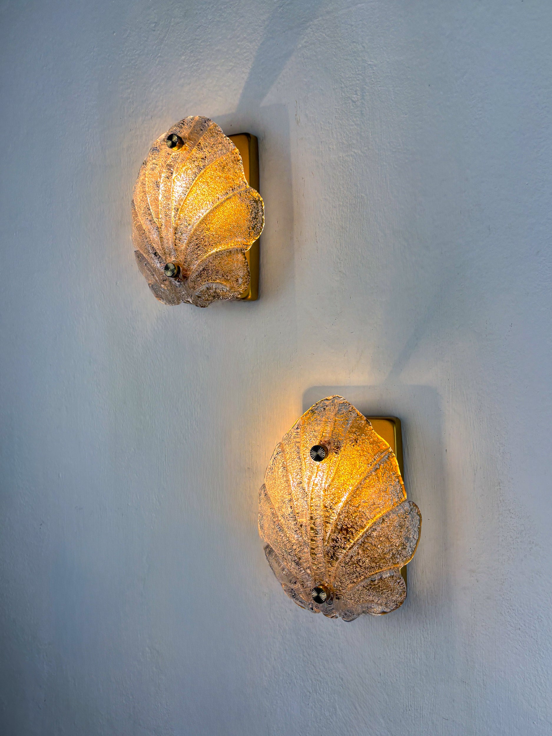 Pair of Murano Frosted Leaf Sconces, Textured Glass & Gilt details, Italy, Circa 1970's