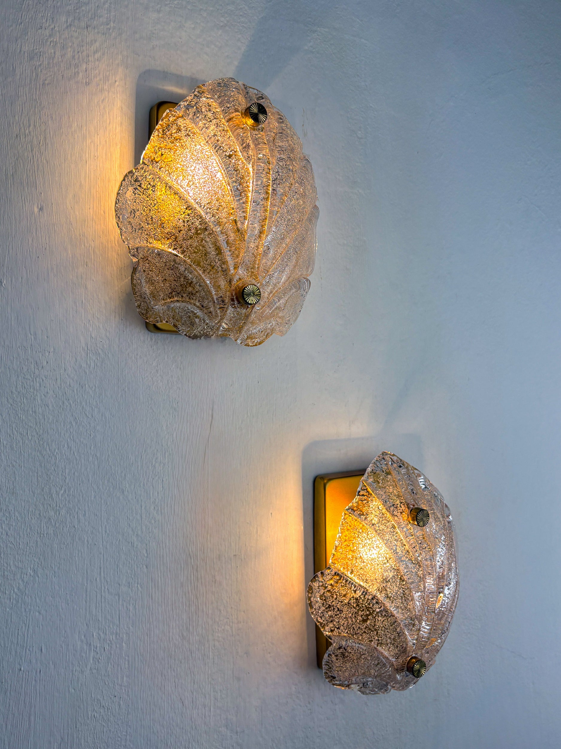 Pair of Murano Frosted Leaf Sconces, Textured Glass & Gilt details, Italy, Circa 1970's