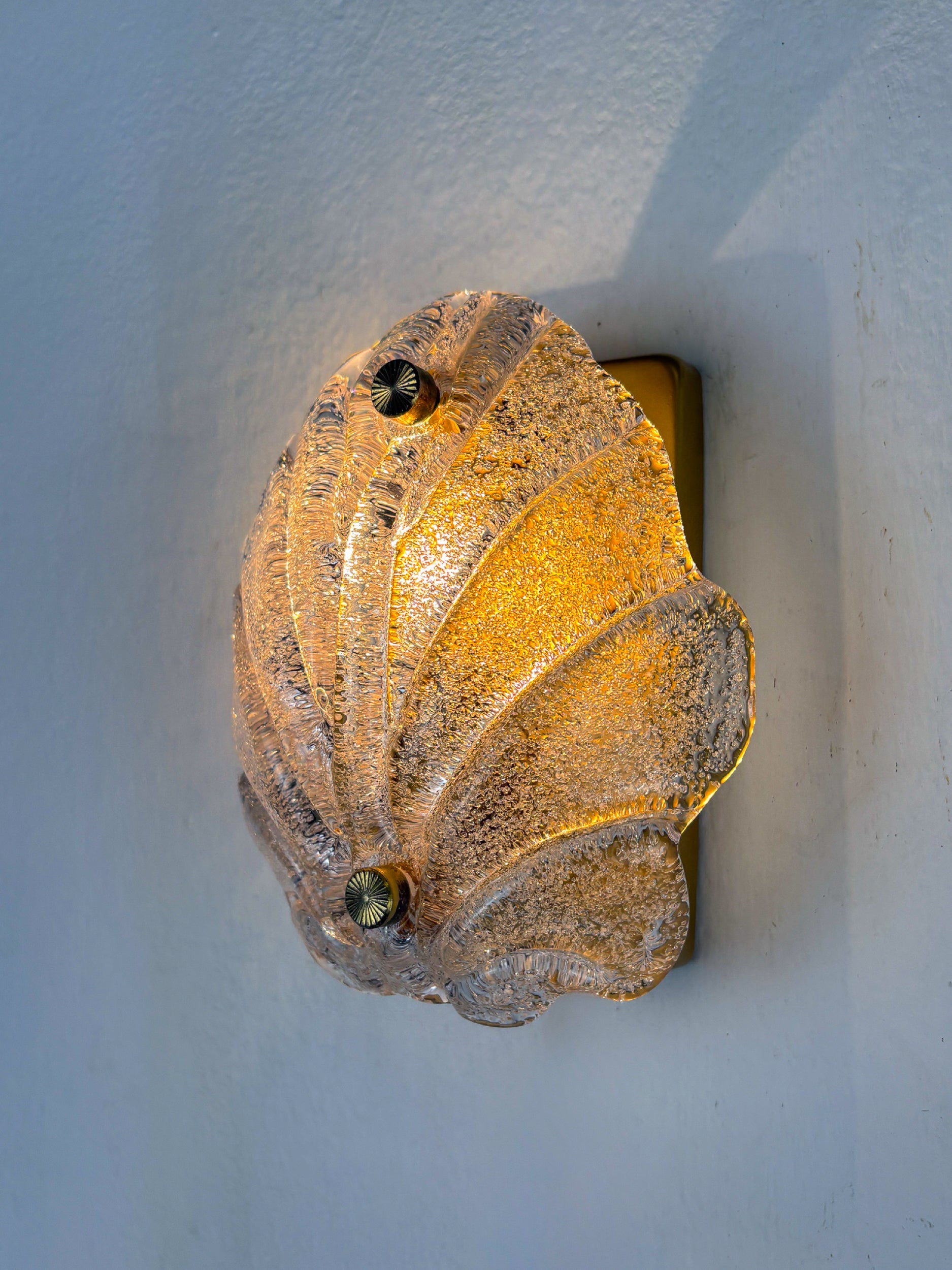 Pair of Murano Frosted Leaf Sconces, Textured Glass & Gilt details, Italy, Circa 1970's