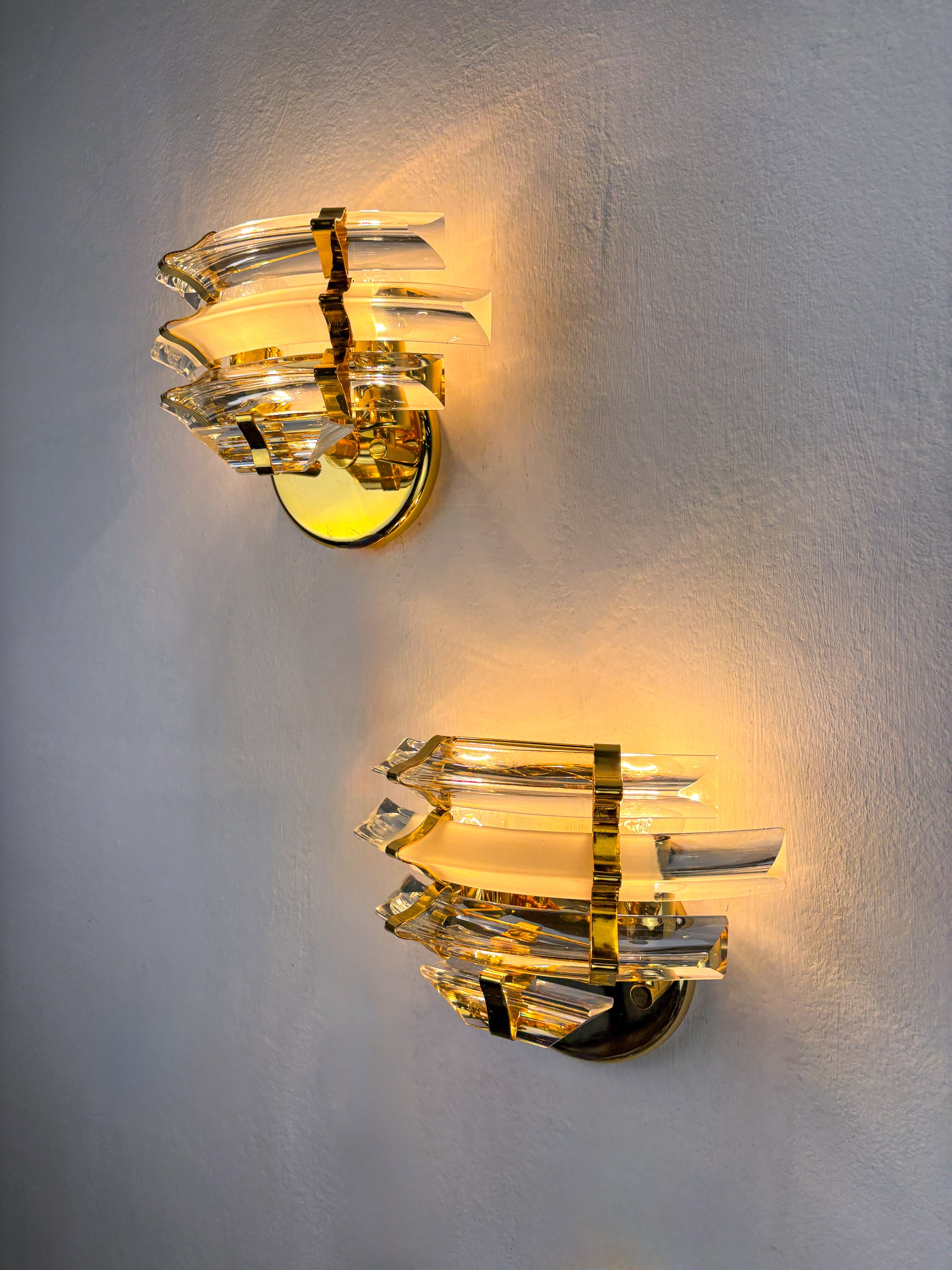 Pair of Venini Triedi Curved Cut Glass Sconces, Italy, circa 1970s
