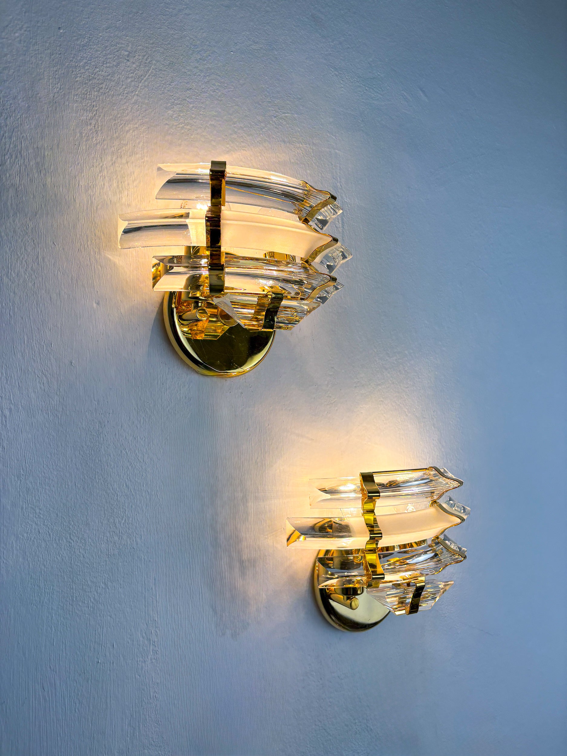 Pair of Venini Triedi Curved Cut Glass Sconces, Italy, circa 1970s