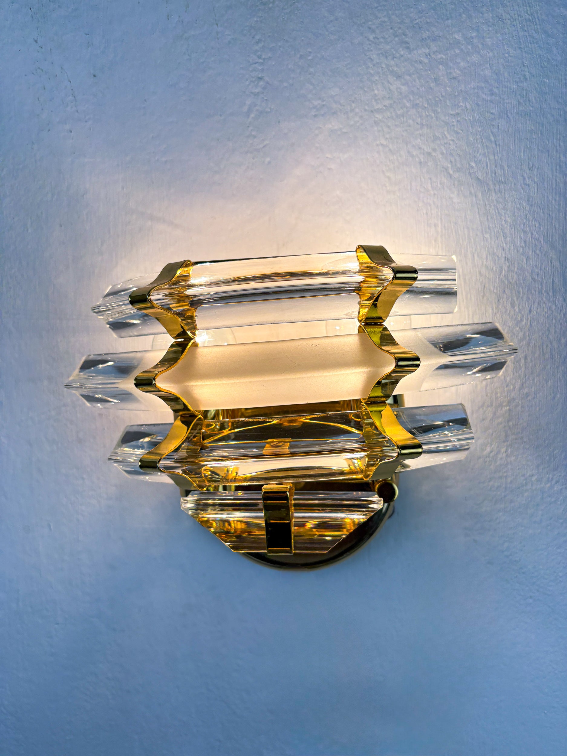 Pair of Venini Triedi Curved Cut Glass Sconces, Italy, circa 1970s