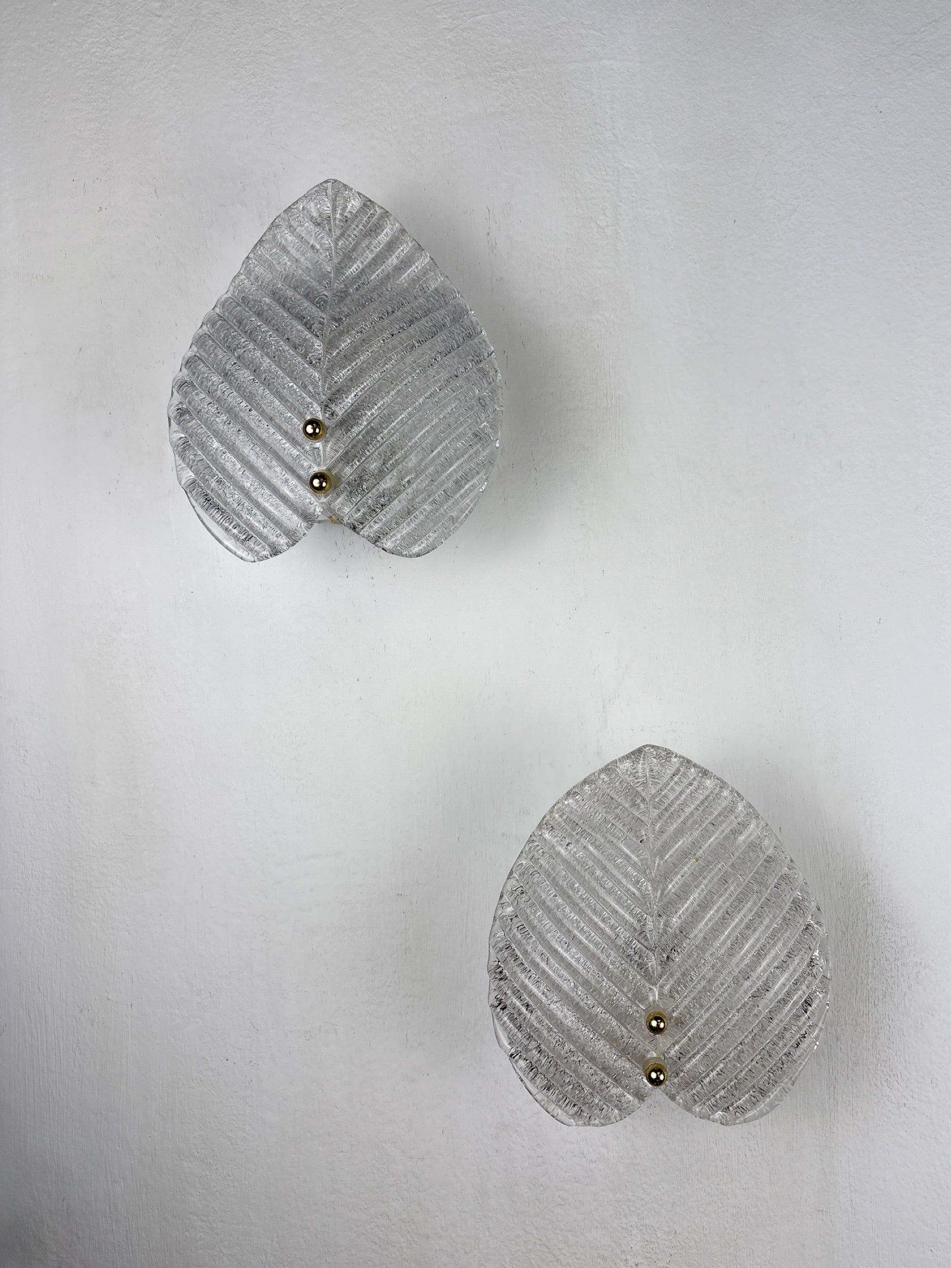 Pair of Murano Frosted Leaf Sconces, Textured Glass & Gilt details, Italy, 1970