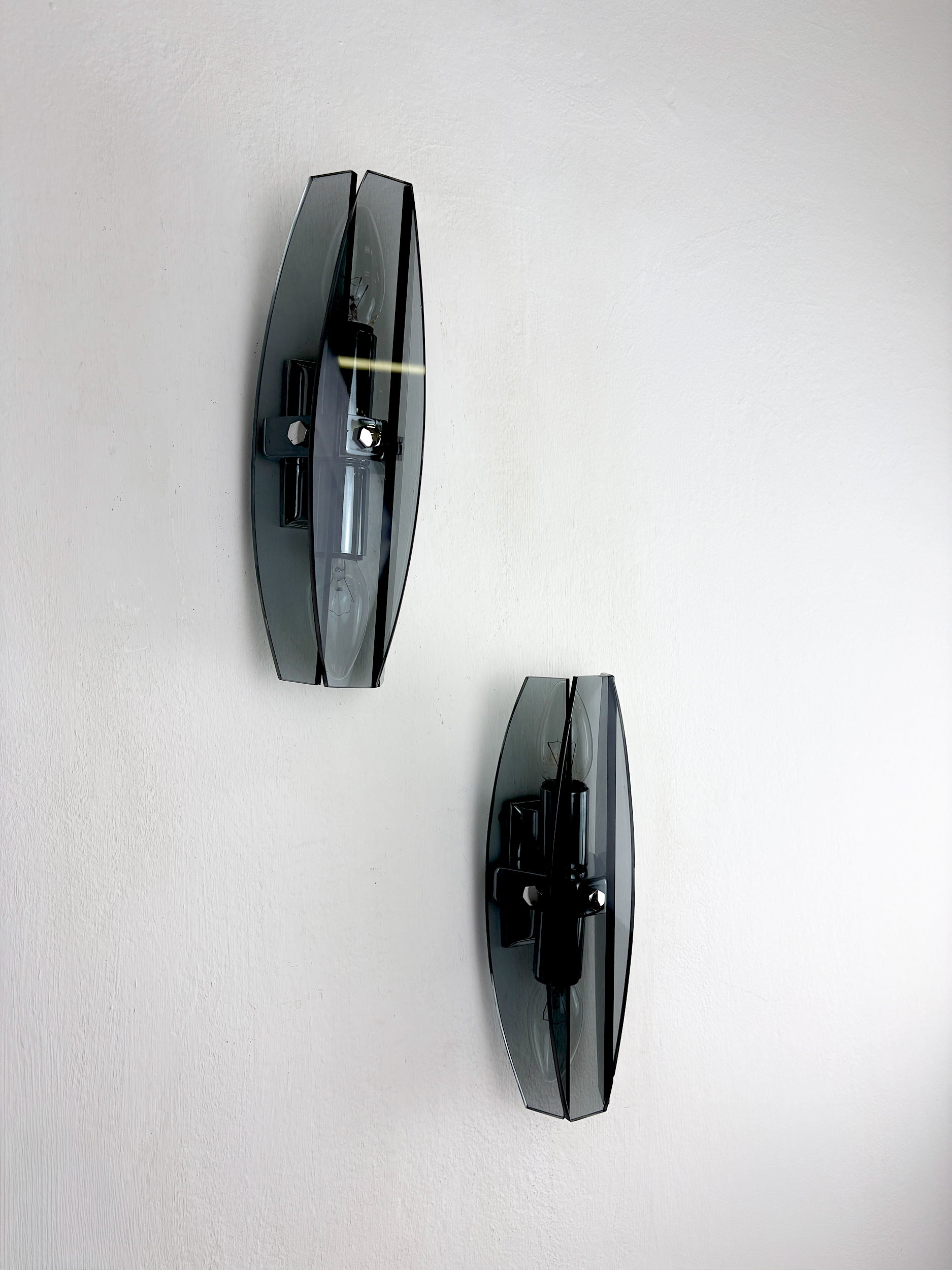 Pair of Veca Wall Sconces, Black Murano Glass, Italy, 1970s