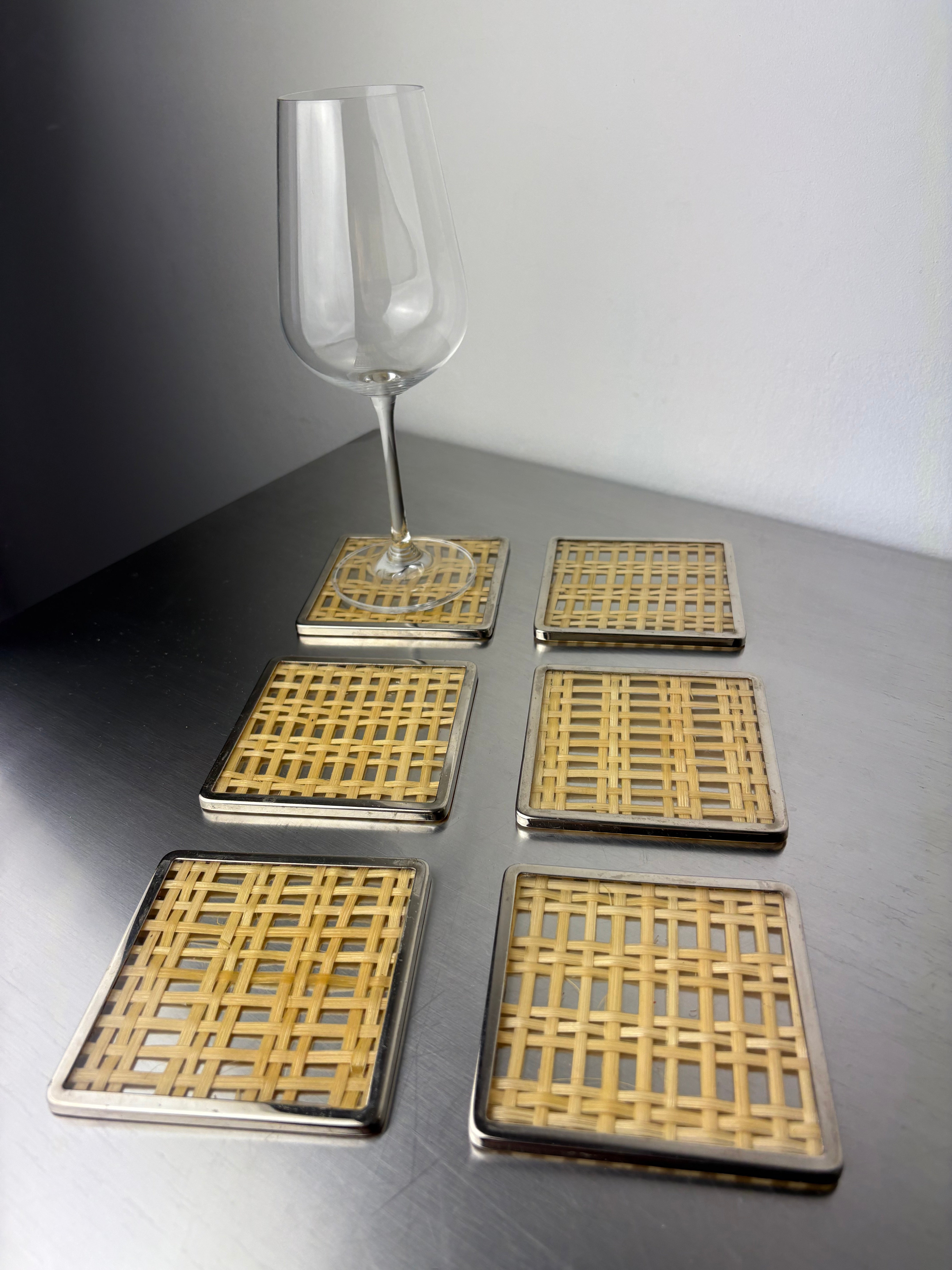 Christian Dior Style Lucite & Rattan coasters, set of 6, Italy, 1970
