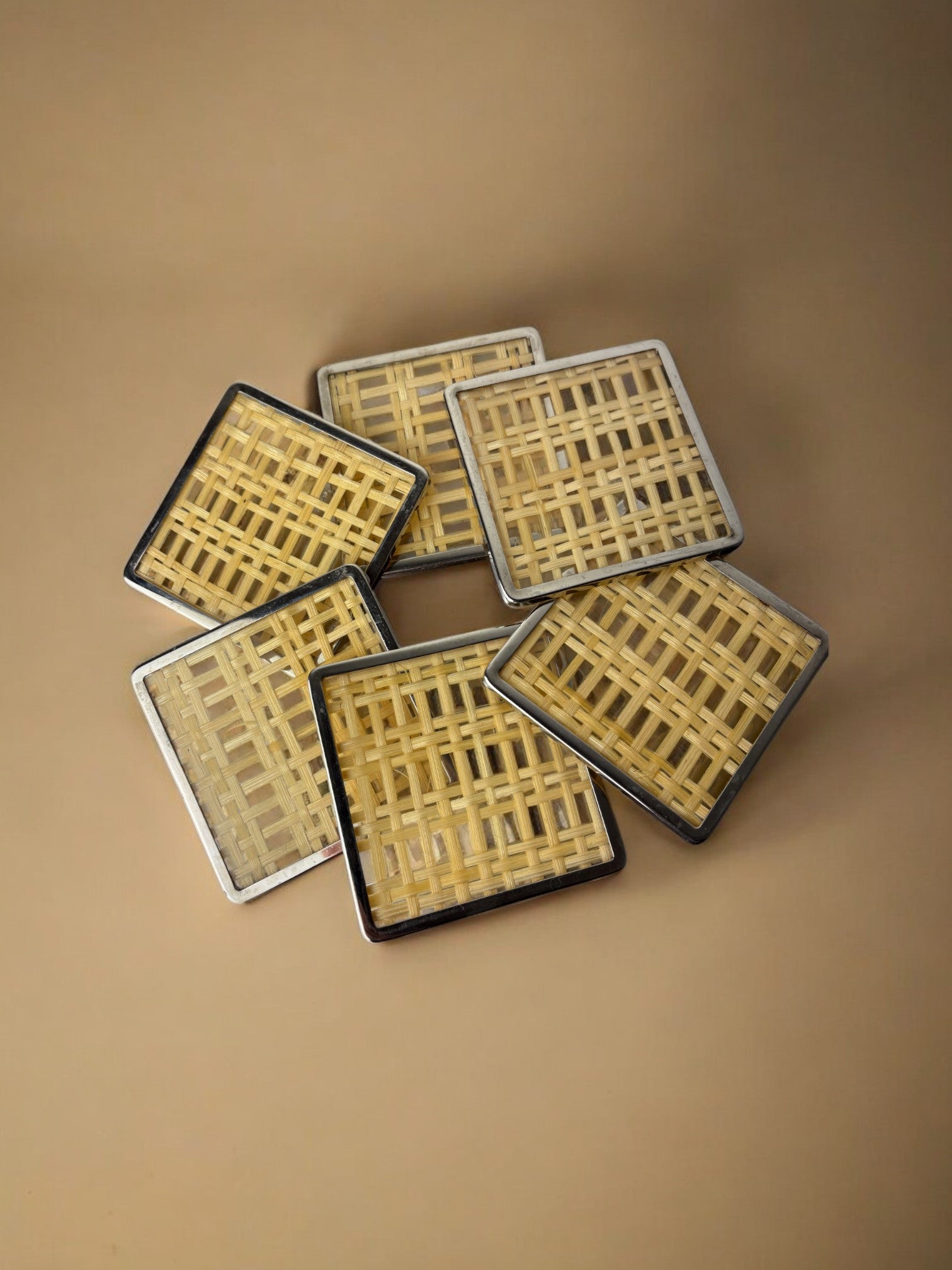 Christian Dior Style Lucite & Rattan coasters, set of 6, Italy, 1970