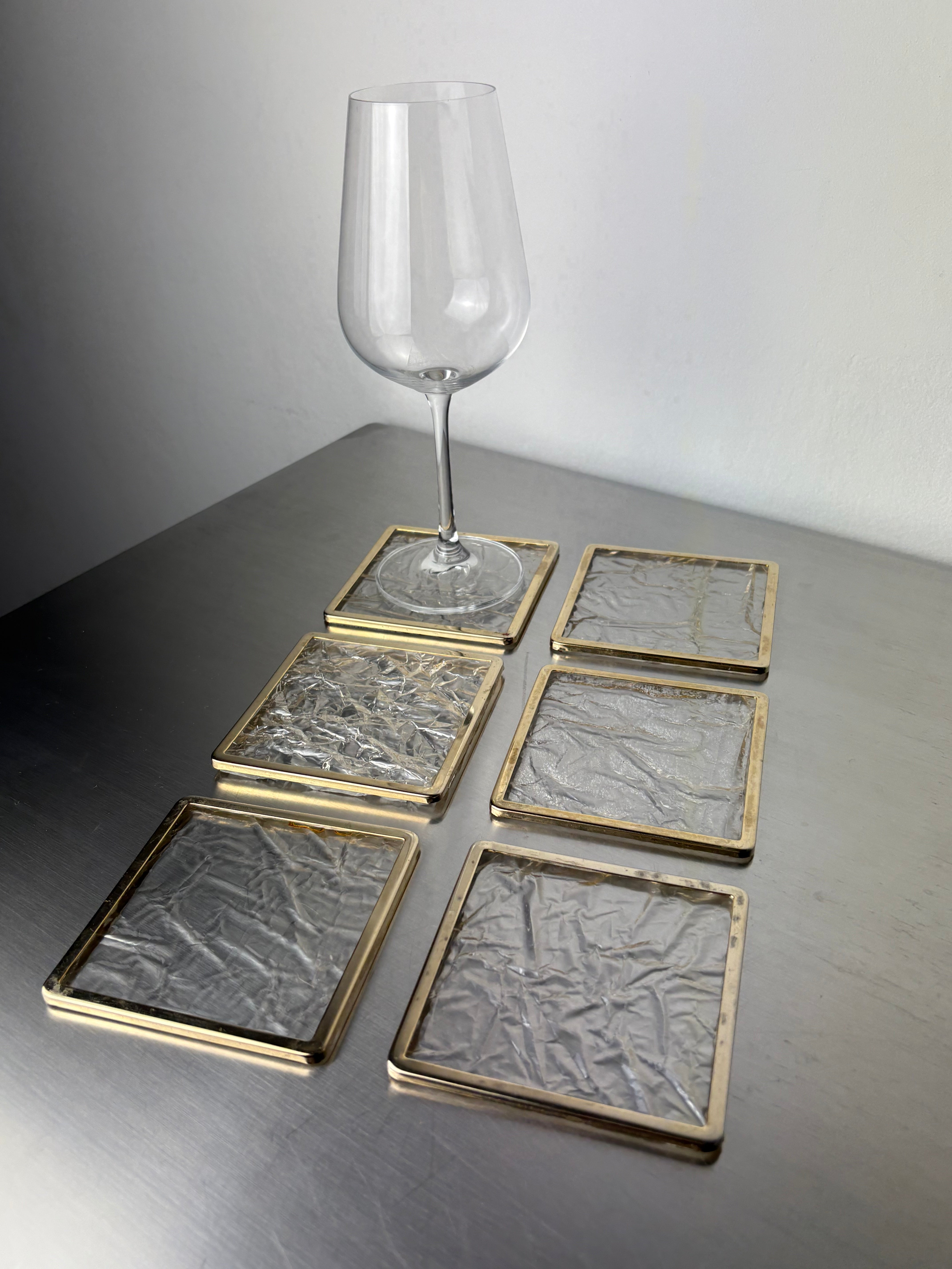 Willy Rizzo Style Ice Effect Lucite Coasters, Set of 6, Italy, circa 1970's