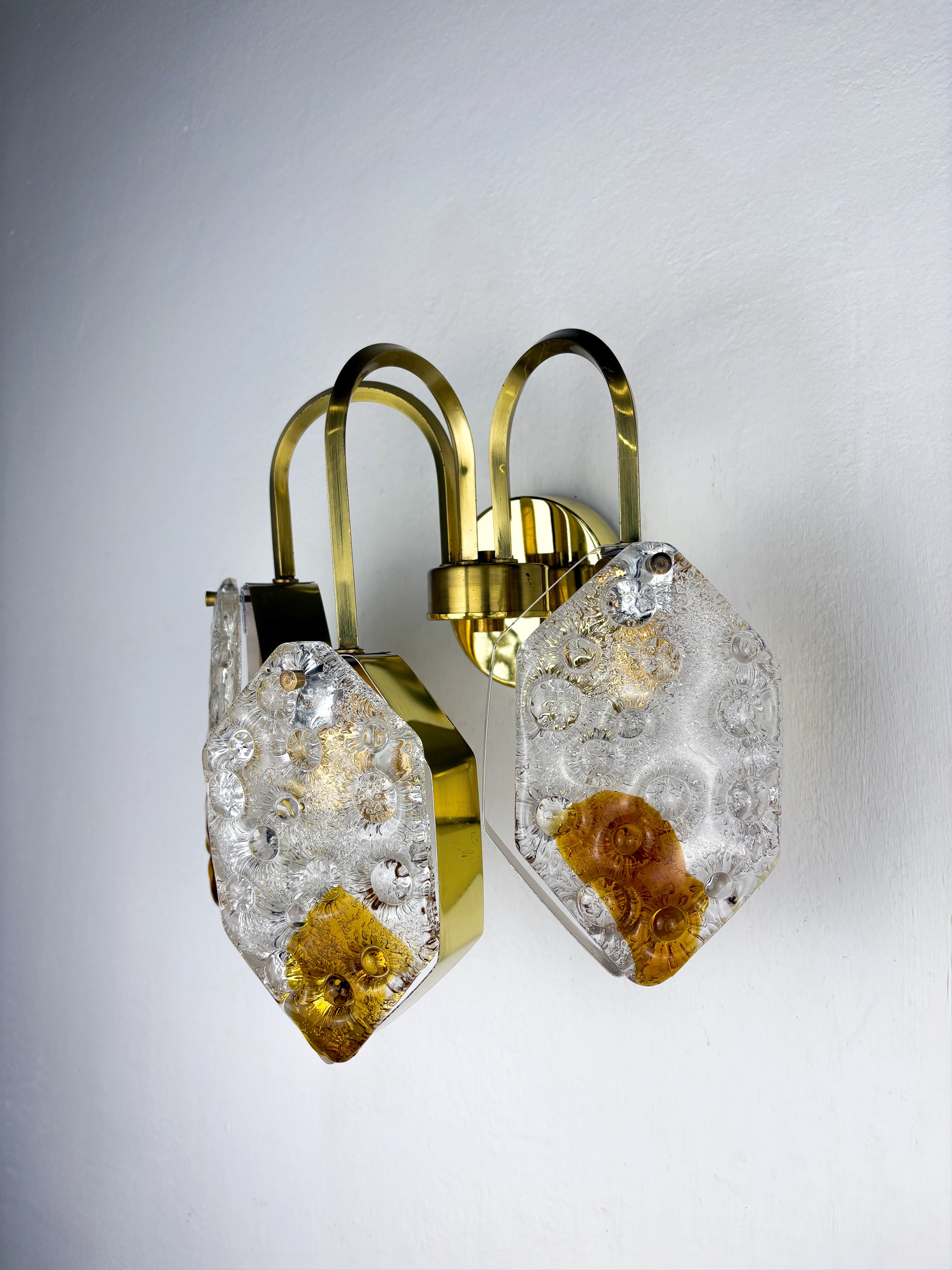 Murano Mazzega 3-arm geometric wall light, orange & clear glass, Italy 1970s