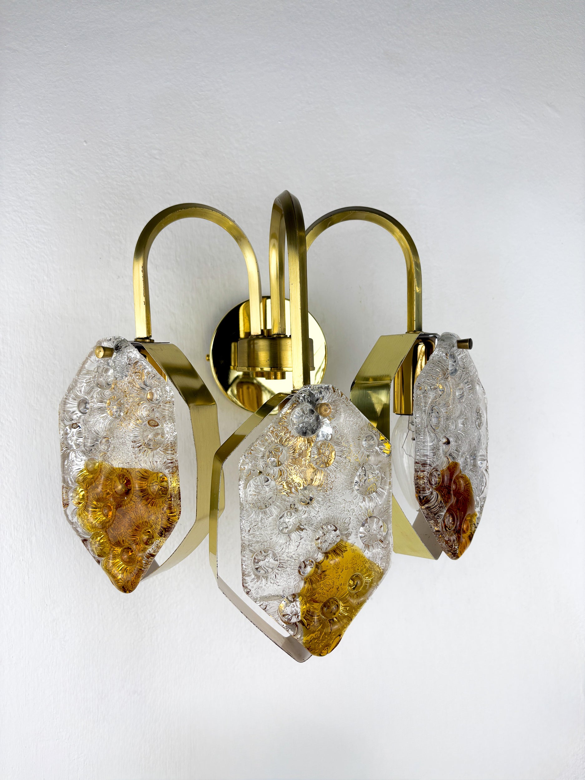 Murano Mazzega 3-arm geometric wall light, orange & clear glass, Italy 1970s