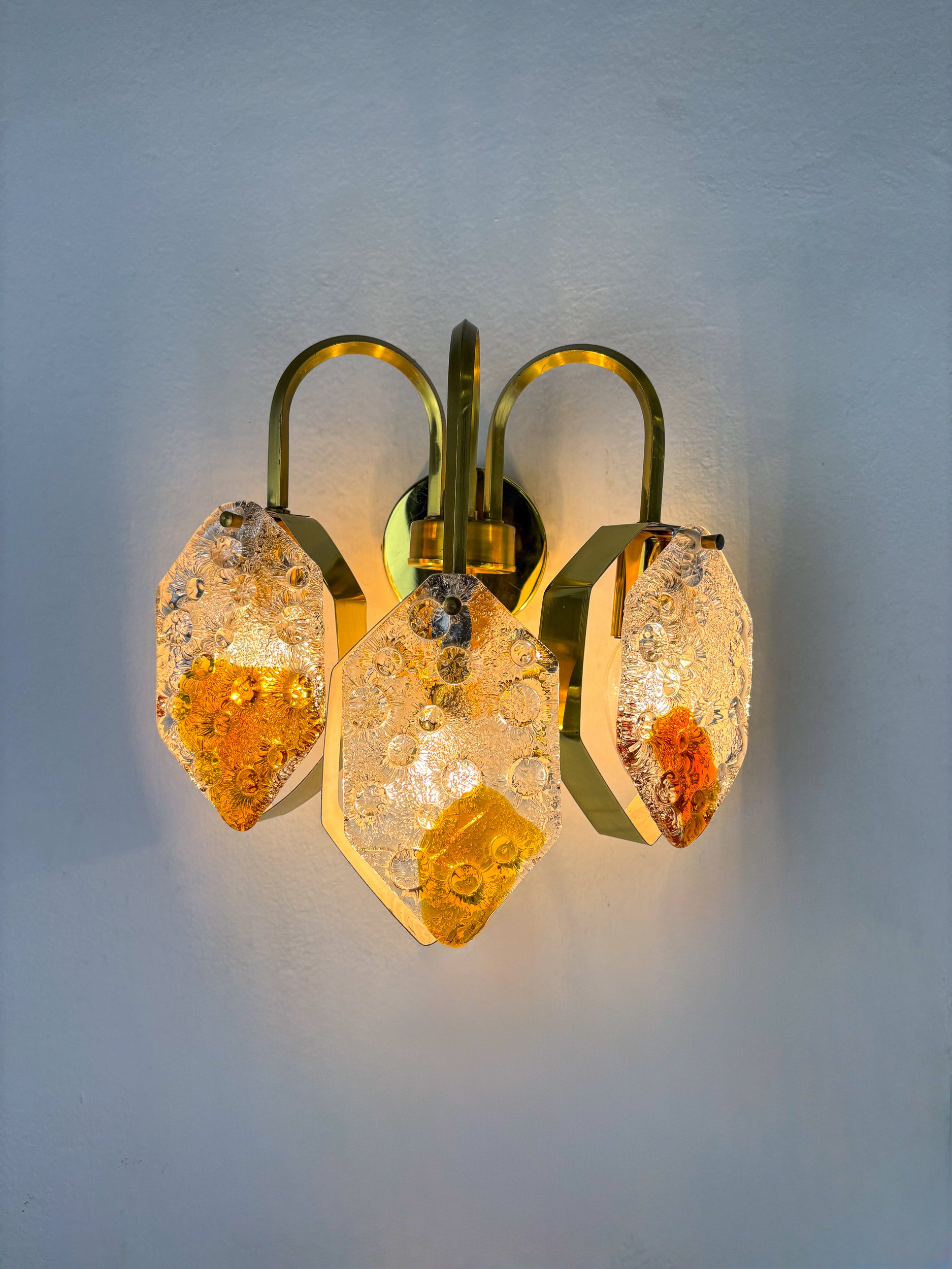 Murano Mazzega 3-arm geometric wall light, orange & clear glass, Italy 1970s