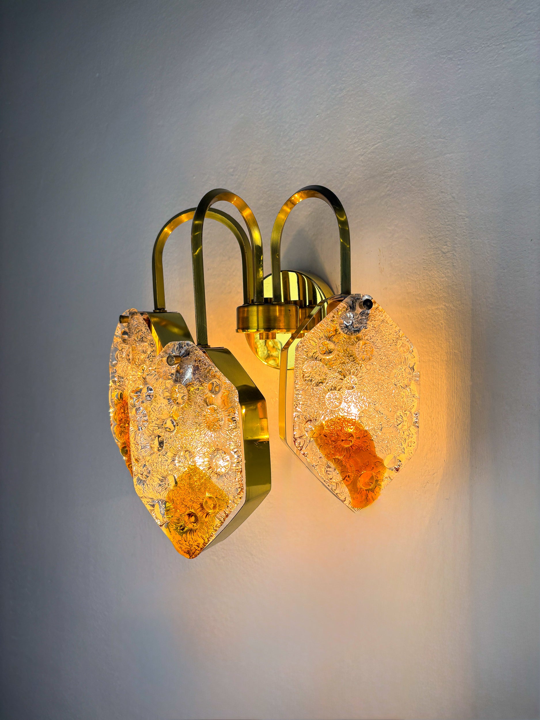 Murano Mazzega 3-arm geometric wall light, orange & clear glass, Italy 1970s