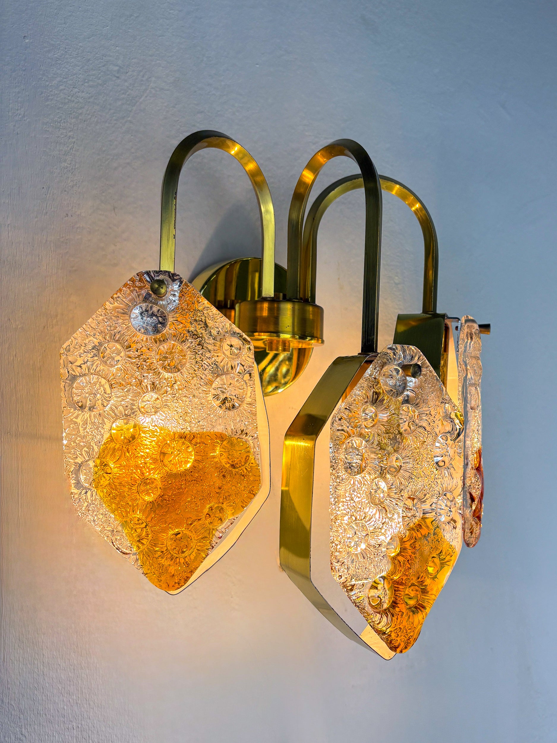 Murano Mazzega 3-arm geometric wall light, orange & clear glass, Italy 1970s