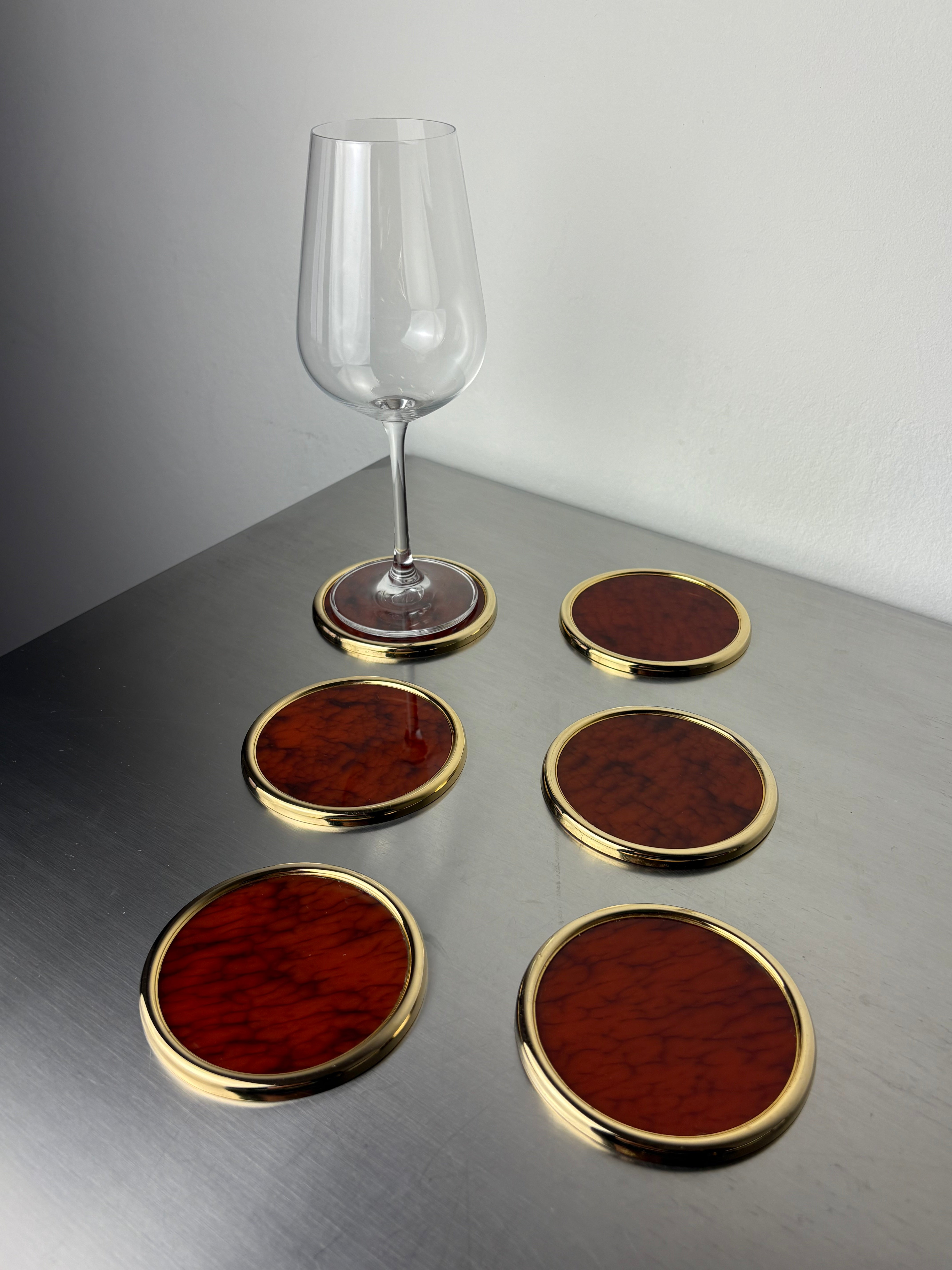 Willy Rizzo Style Coasters in Faux Tortoise Shell, Set of 6, Italy, circa 1970's