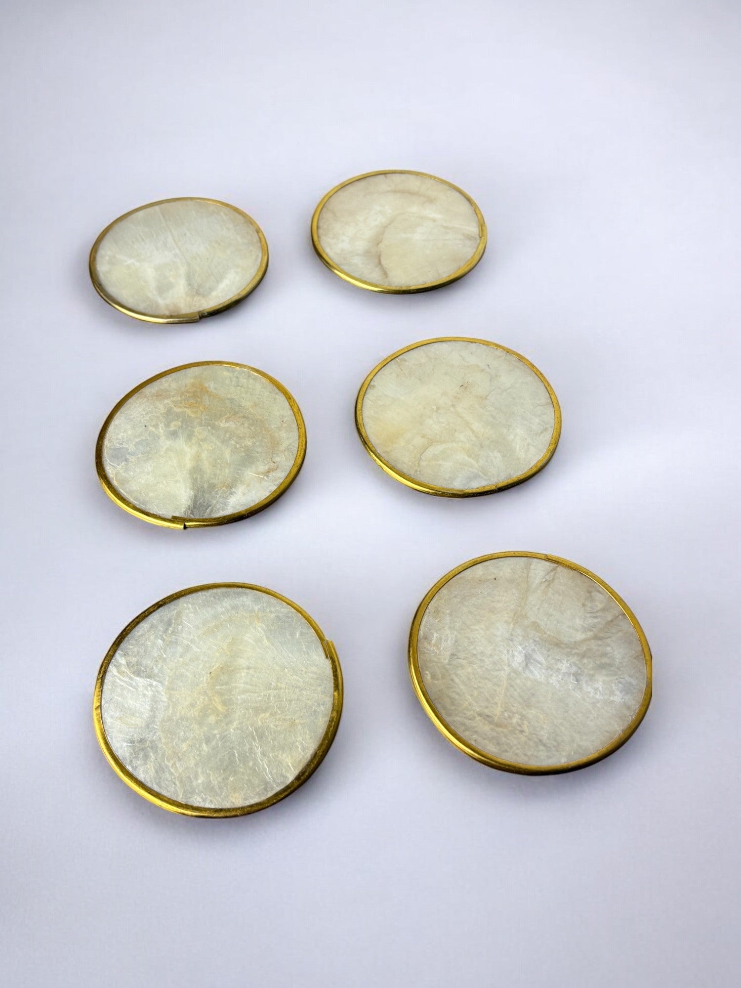 Hollywood Regency mother-of-pearl & brass Coasters, Set of 6, Italy, 1980's