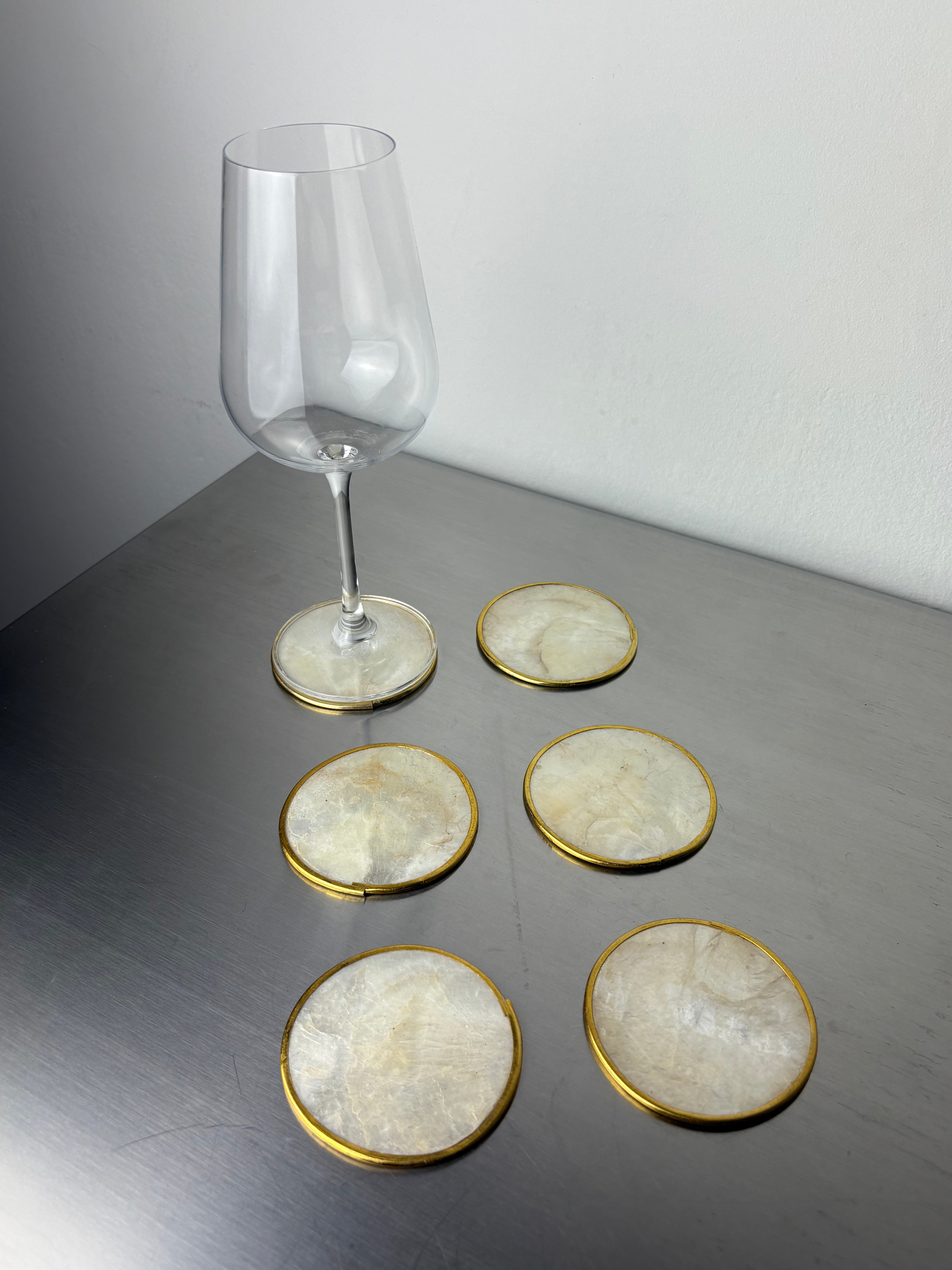 Hollywood Regency mother-of-pearl & brass Coasters, Set of 6, Italy, 1980's