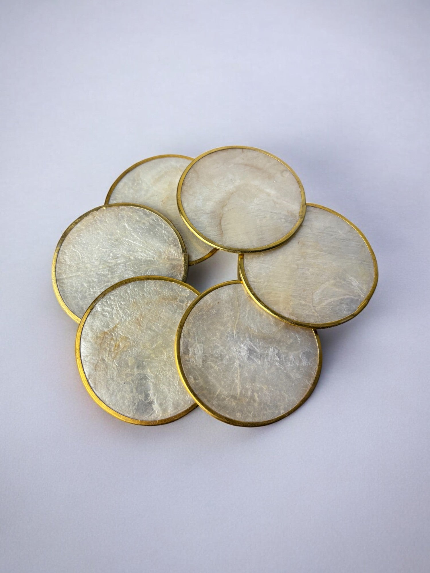 Hollywood Regency mother-of-pearl & brass Coasters, Set of 6, Italy, 1980's