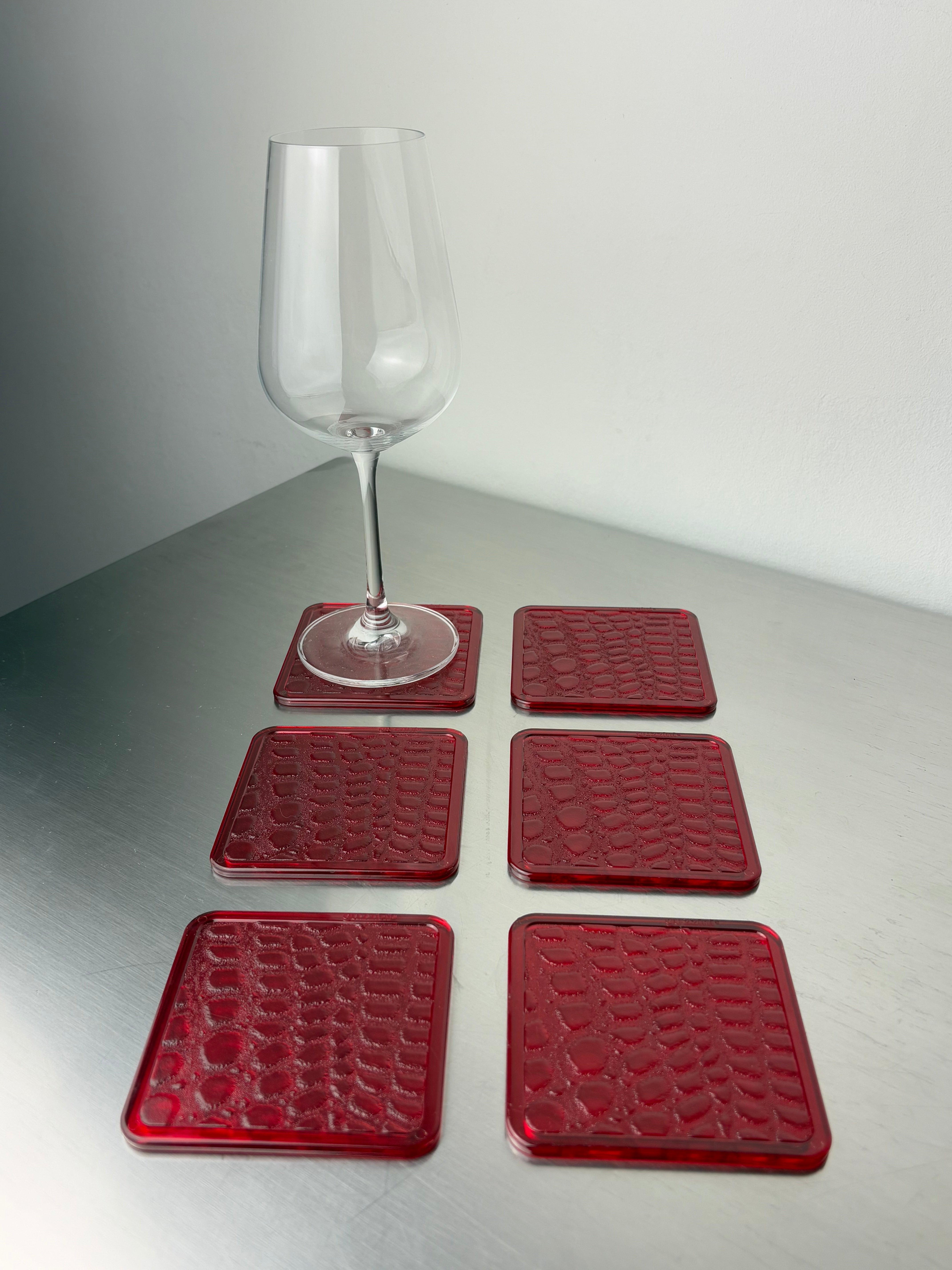 Faux croco coasters by Guzzini in Lucite, set of 6, Italy, 1980's