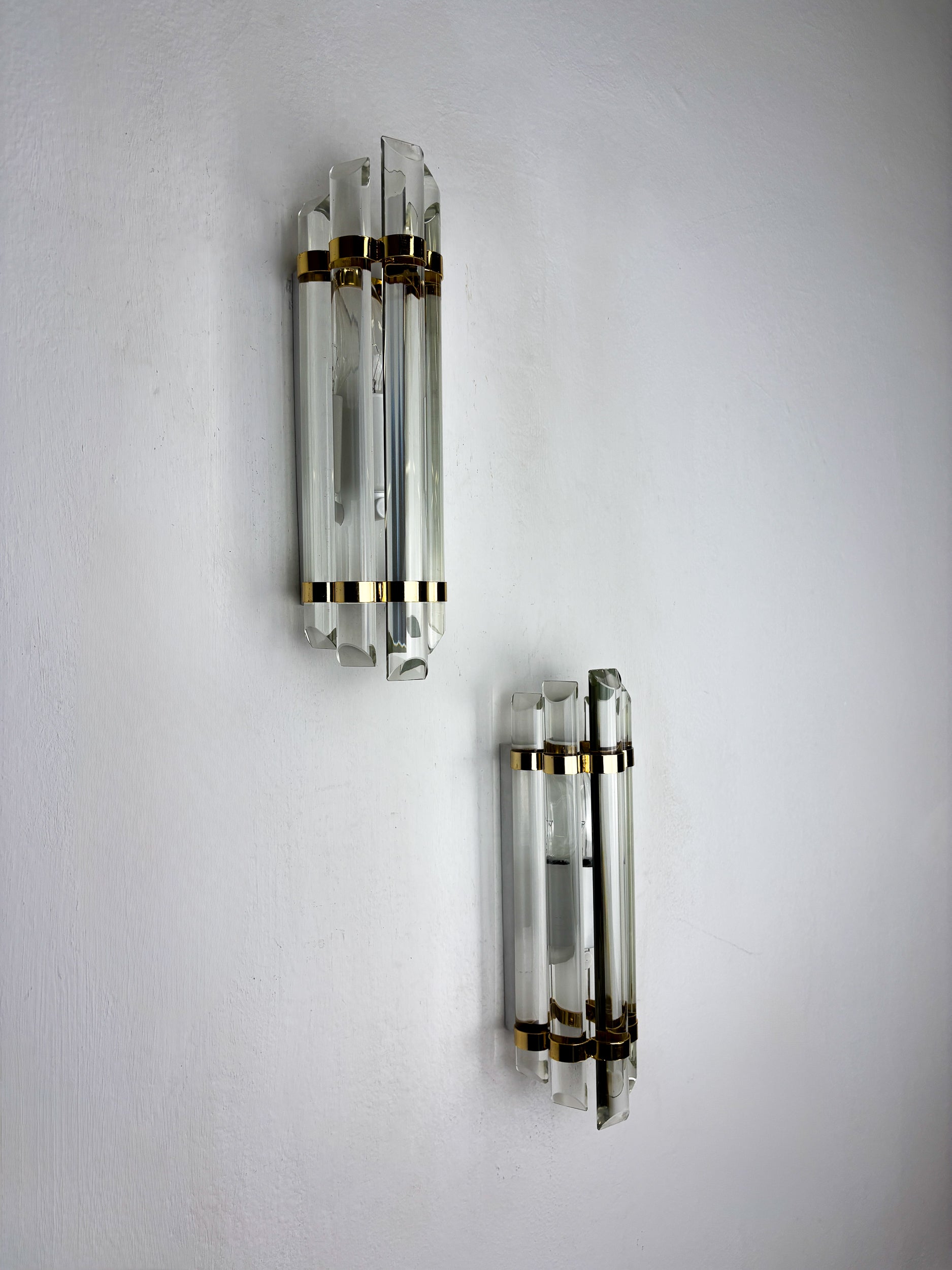 Pair of Venini Half-Moon wall lights – Cut Crystal Glass & Brass, Italy 1970s