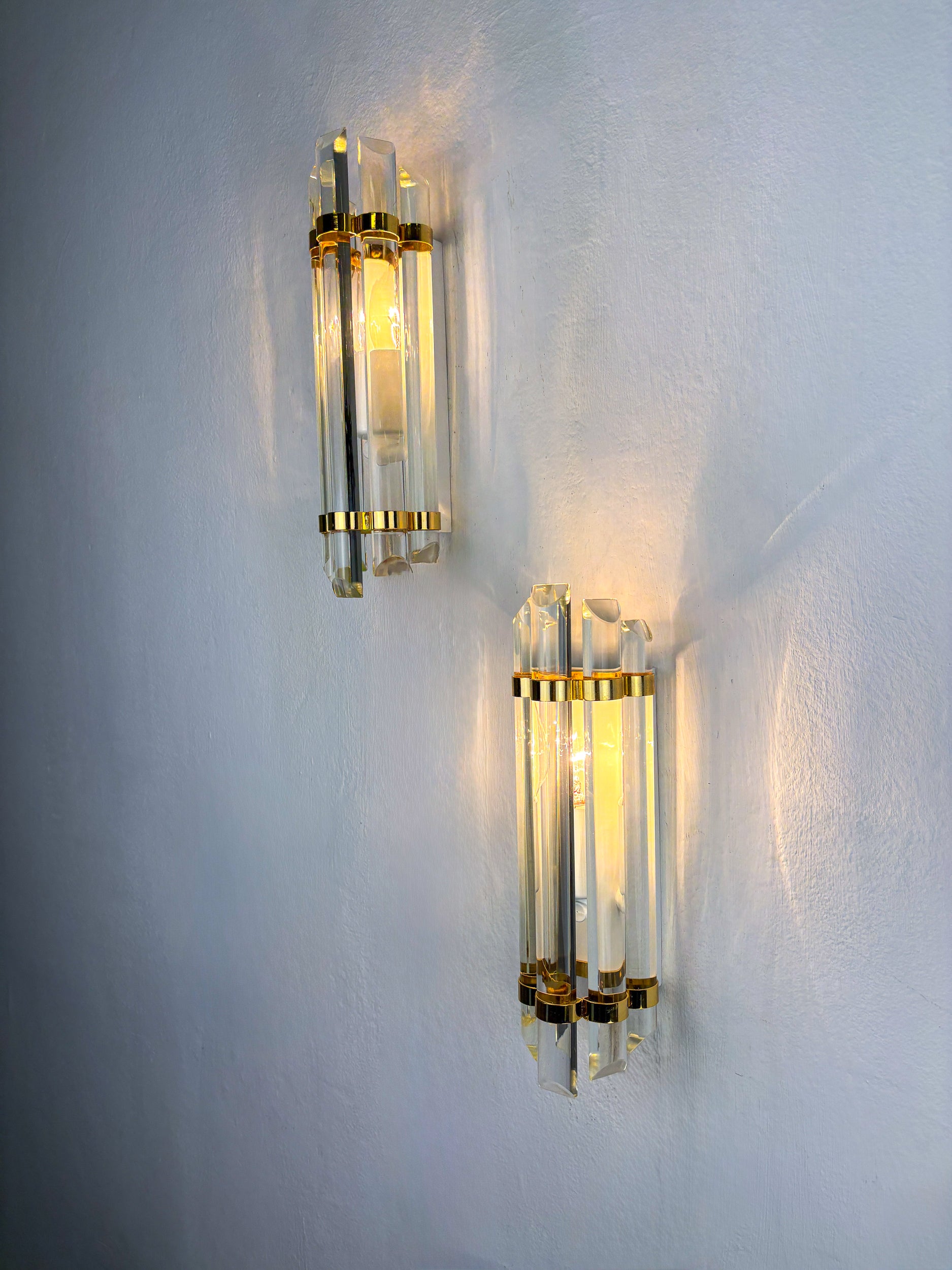 Pair of Venini Half-Moon wall lights – Cut Crystal Glass & Brass, Italy 1970s