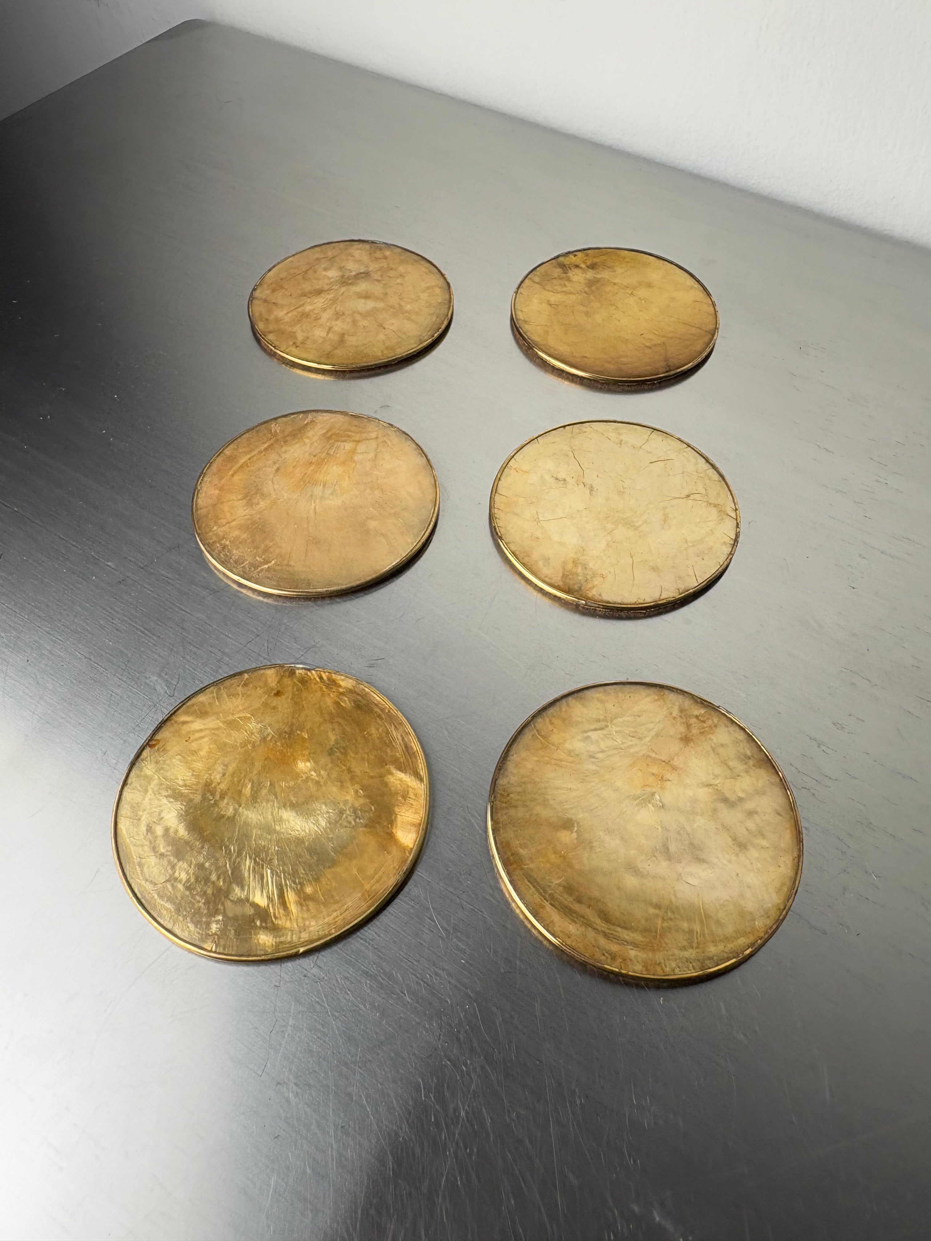 Hollywood Regency mother-of-pearl & brass Coasters, Set of 6, Italy, 1970