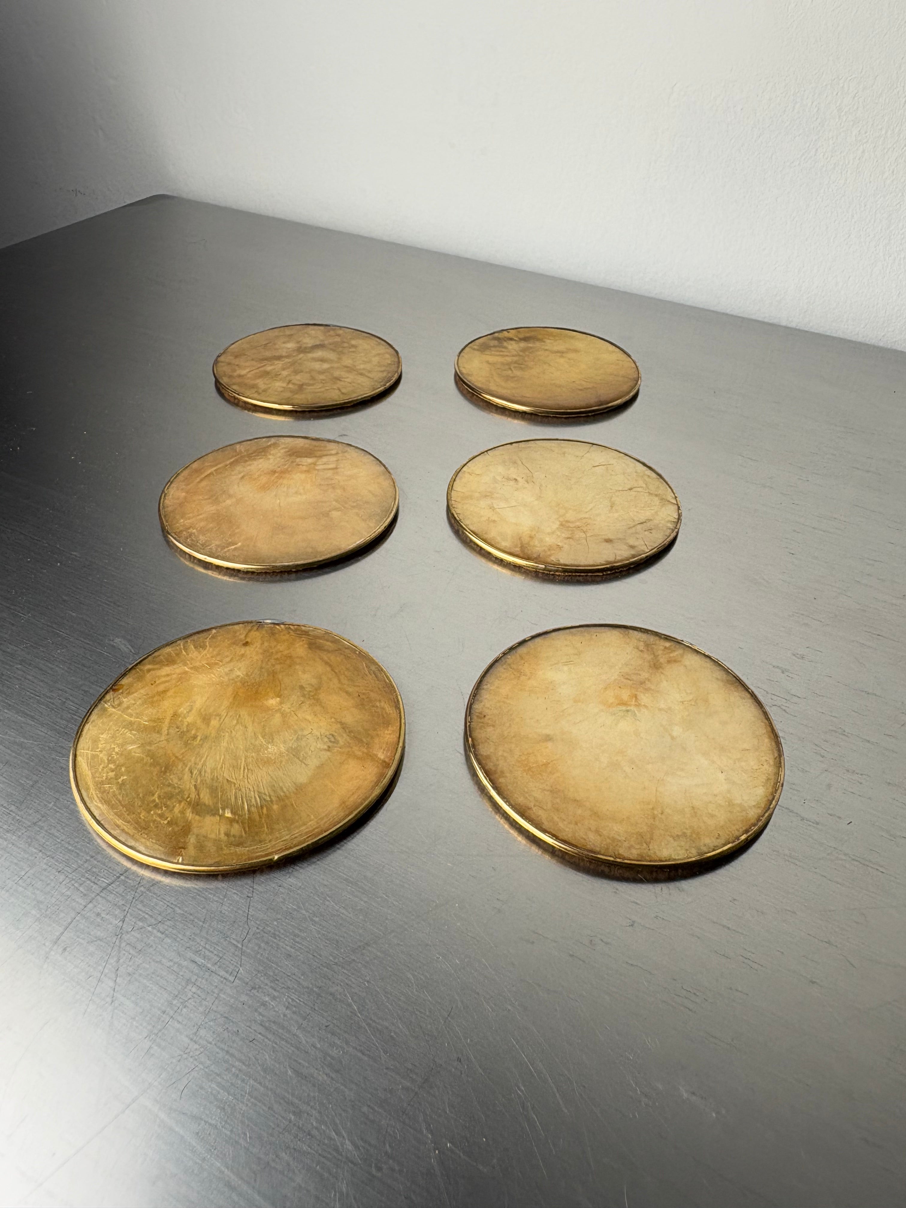 Hollywood Regency mother-of-pearl & brass Coasters, Set of 6, Italy, 1970