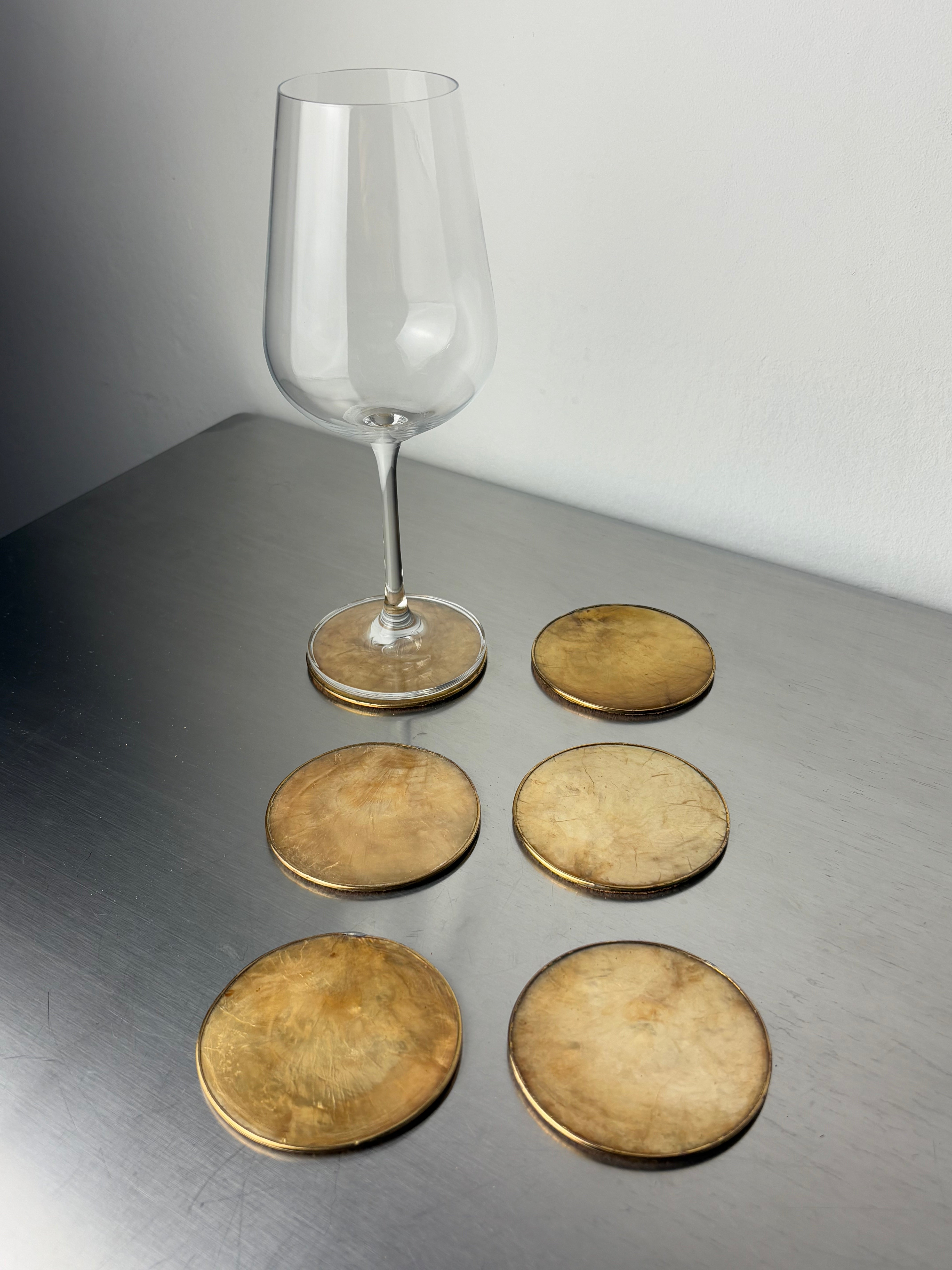 Hollywood Regency mother-of-pearl & brass Coasters, Set of 6, Italy, 1970