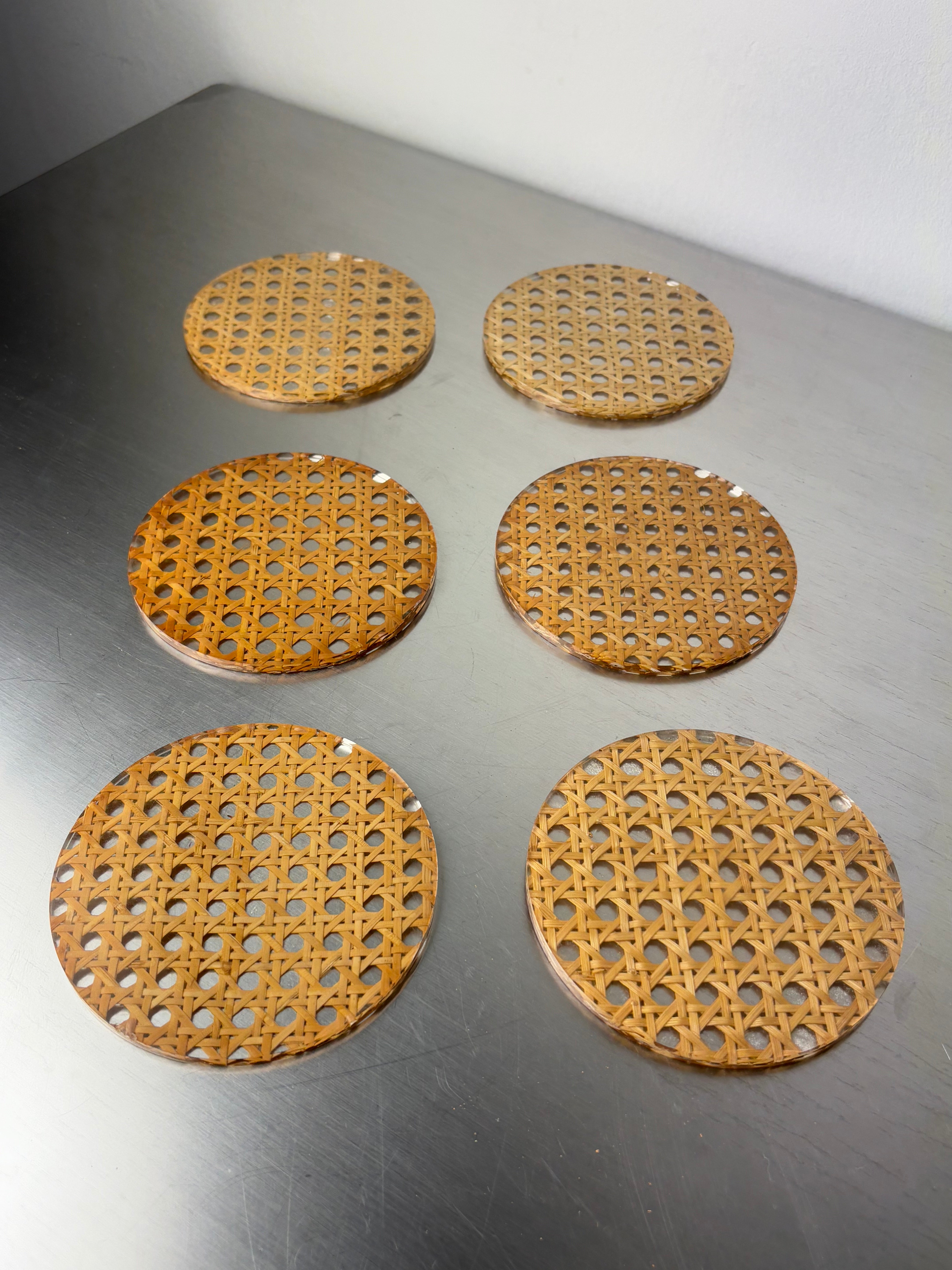 Christian Dior Style Lucite & Rattan coasters, set of 6, Italy, 1970