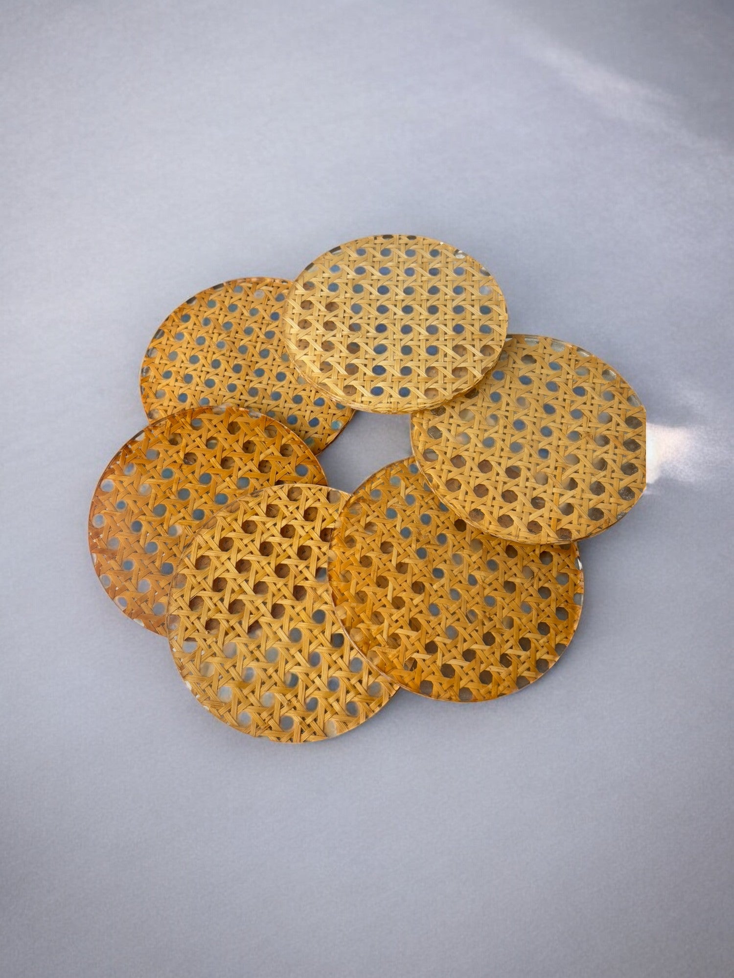 Christian Dior Style Lucite & Rattan coasters, set of 6, Italy, 1970