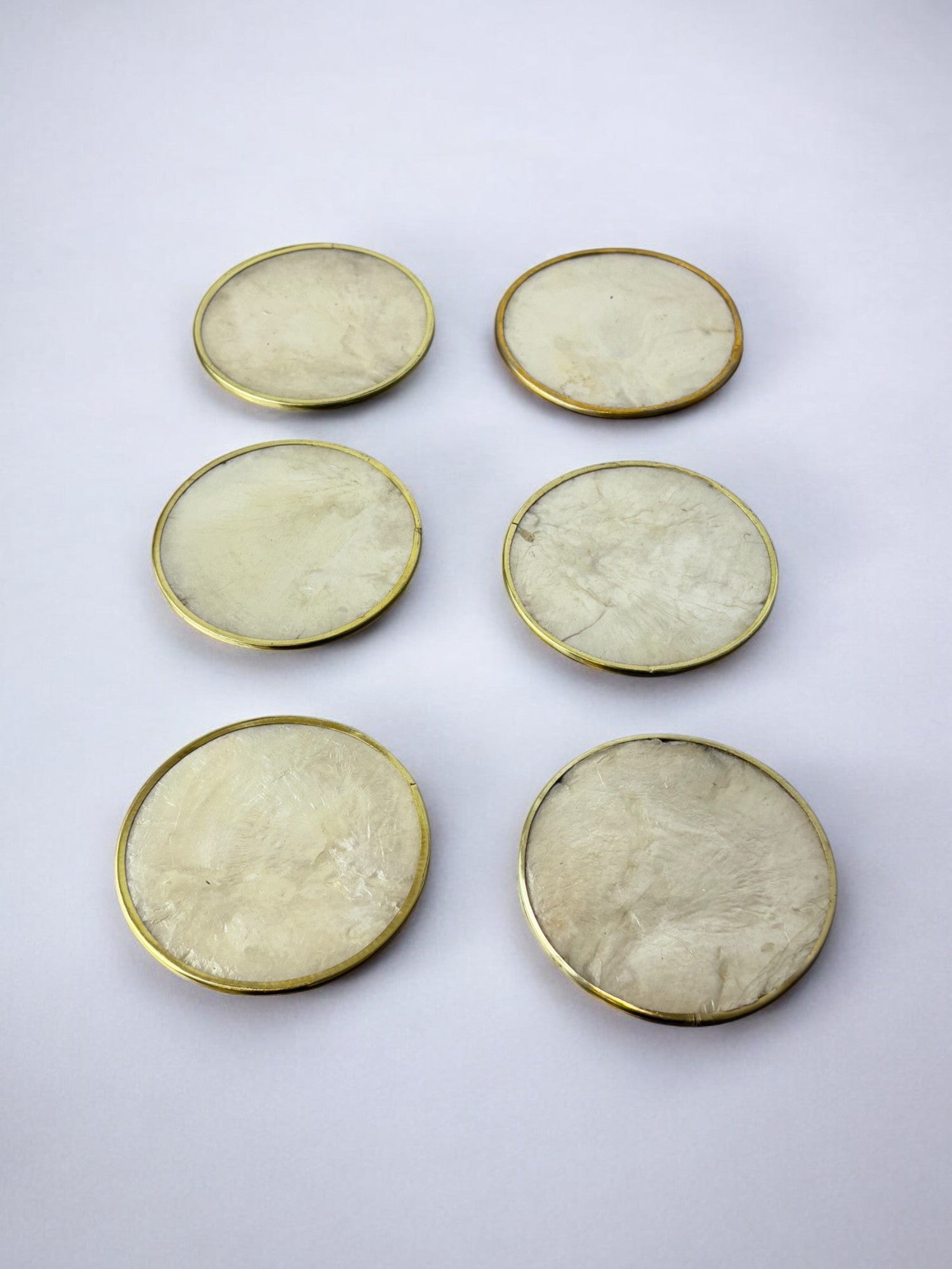 Hollywood Regency mother-of-pearl & brass Coasters, Set of 6, Italy, 1970's