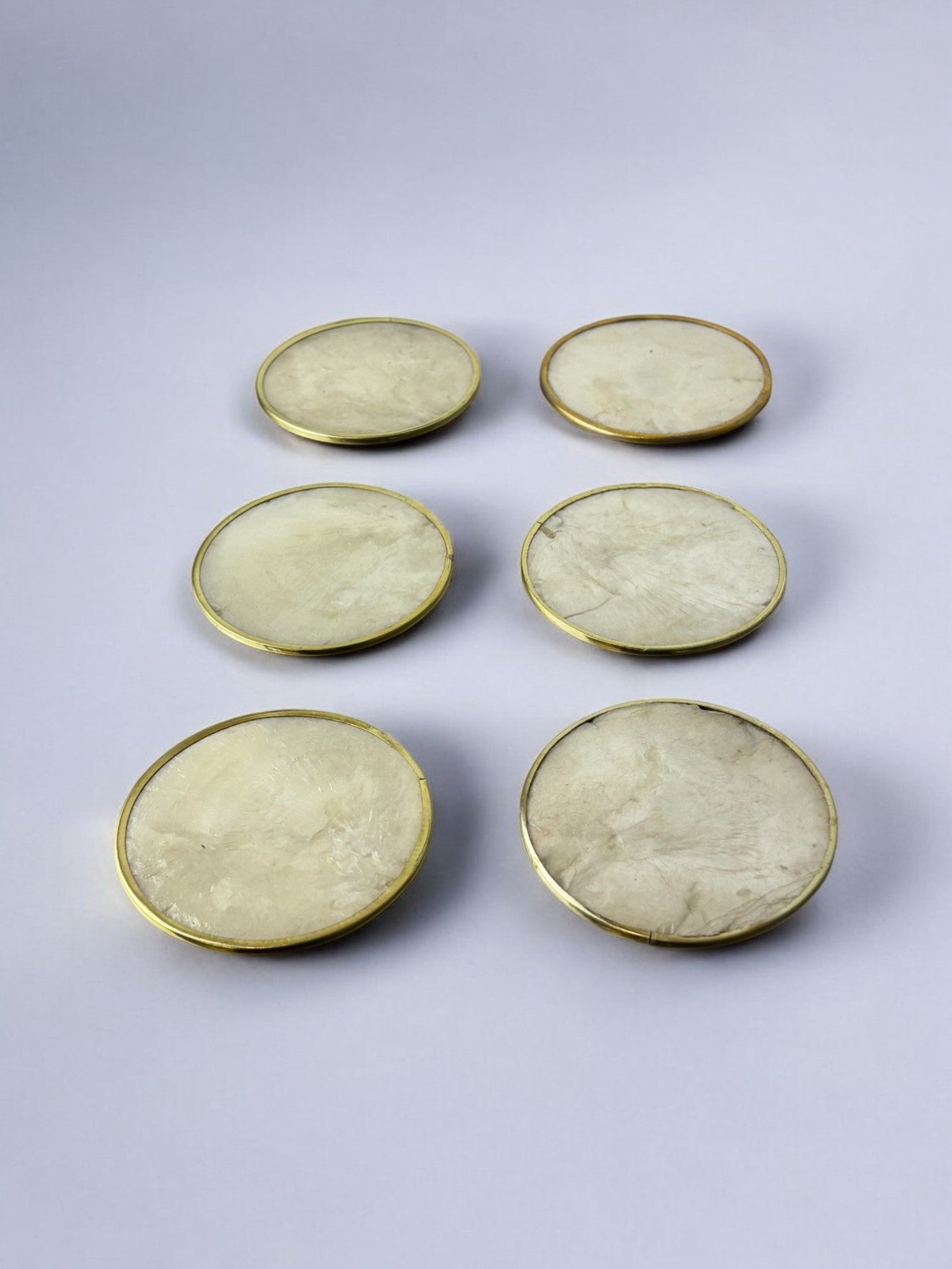 Hollywood Regency mother-of-pearl & brass Coasters, Set of 6, Italy, 1970's