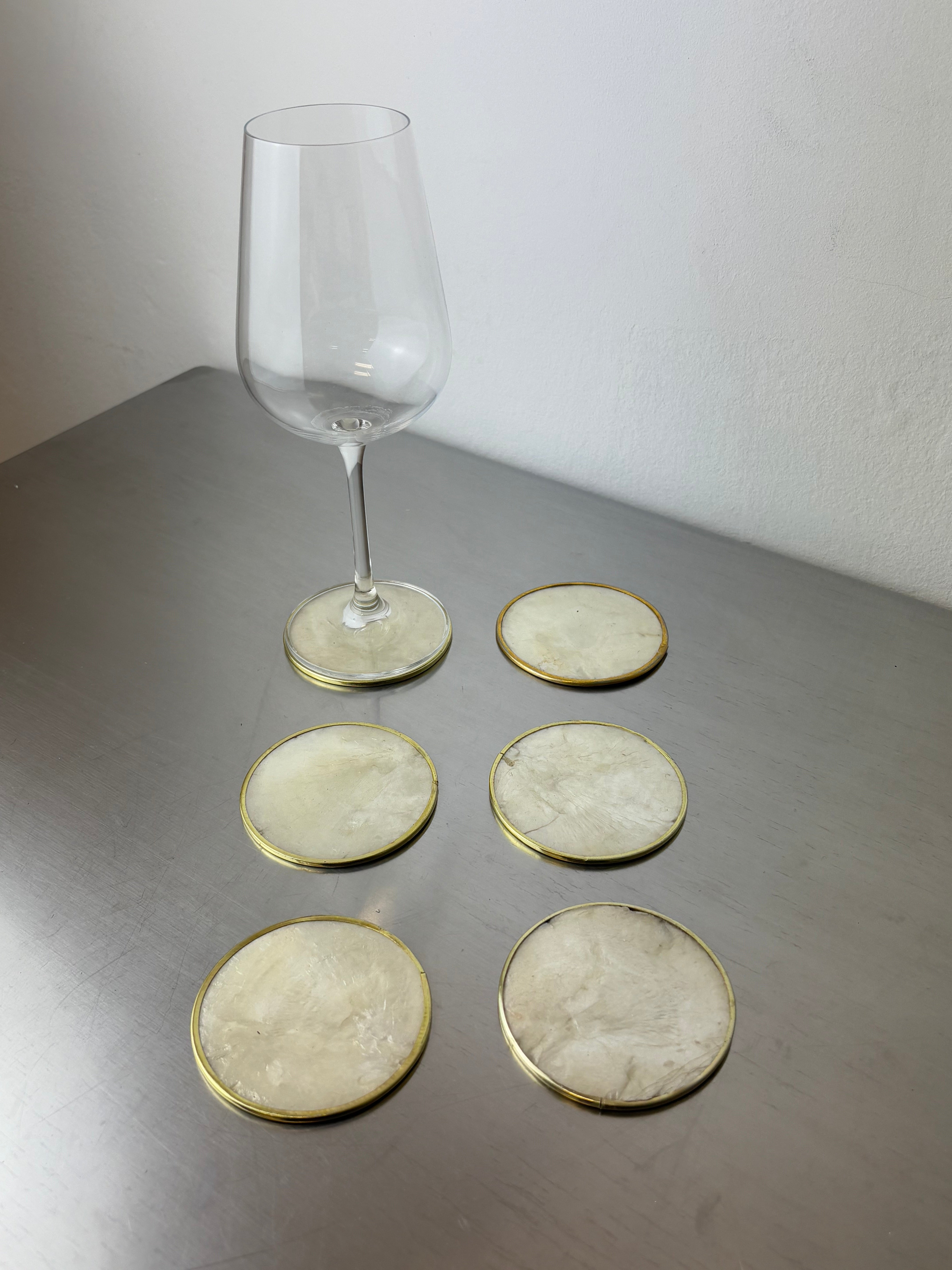 Hollywood Regency mother-of-pearl & brass Coasters, Set of 6, Italy, 1970's