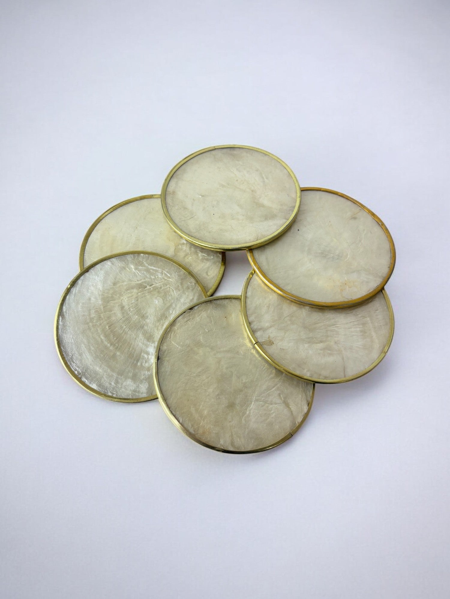 Hollywood Regency mother-of-pearl & brass Coasters, Set of 6, Italy, 1970's