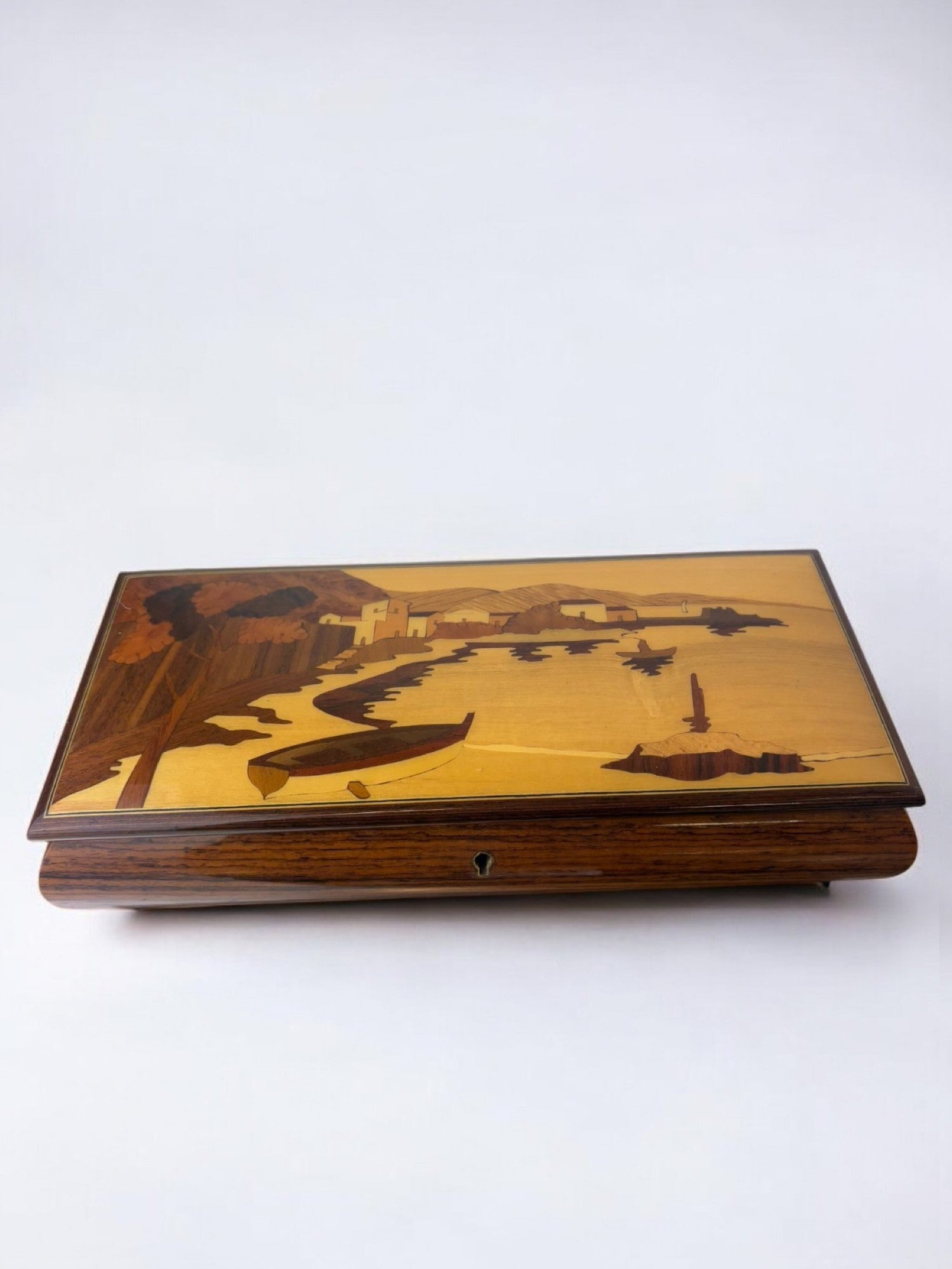 Italian 1950s Coastal Scene Marquetry Wood Box