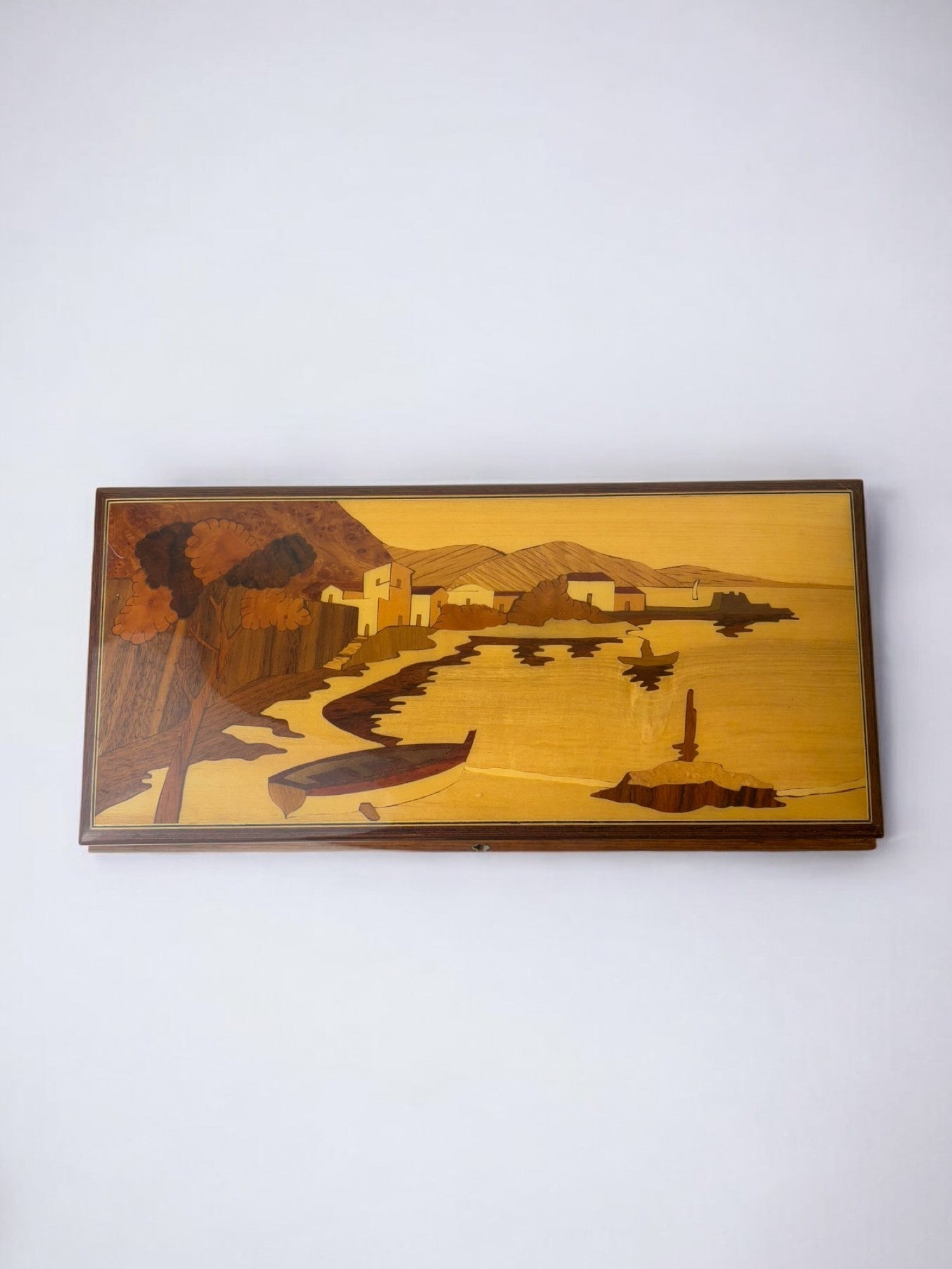 Italian 1950s Coastal Scene Marquetry Wood Box