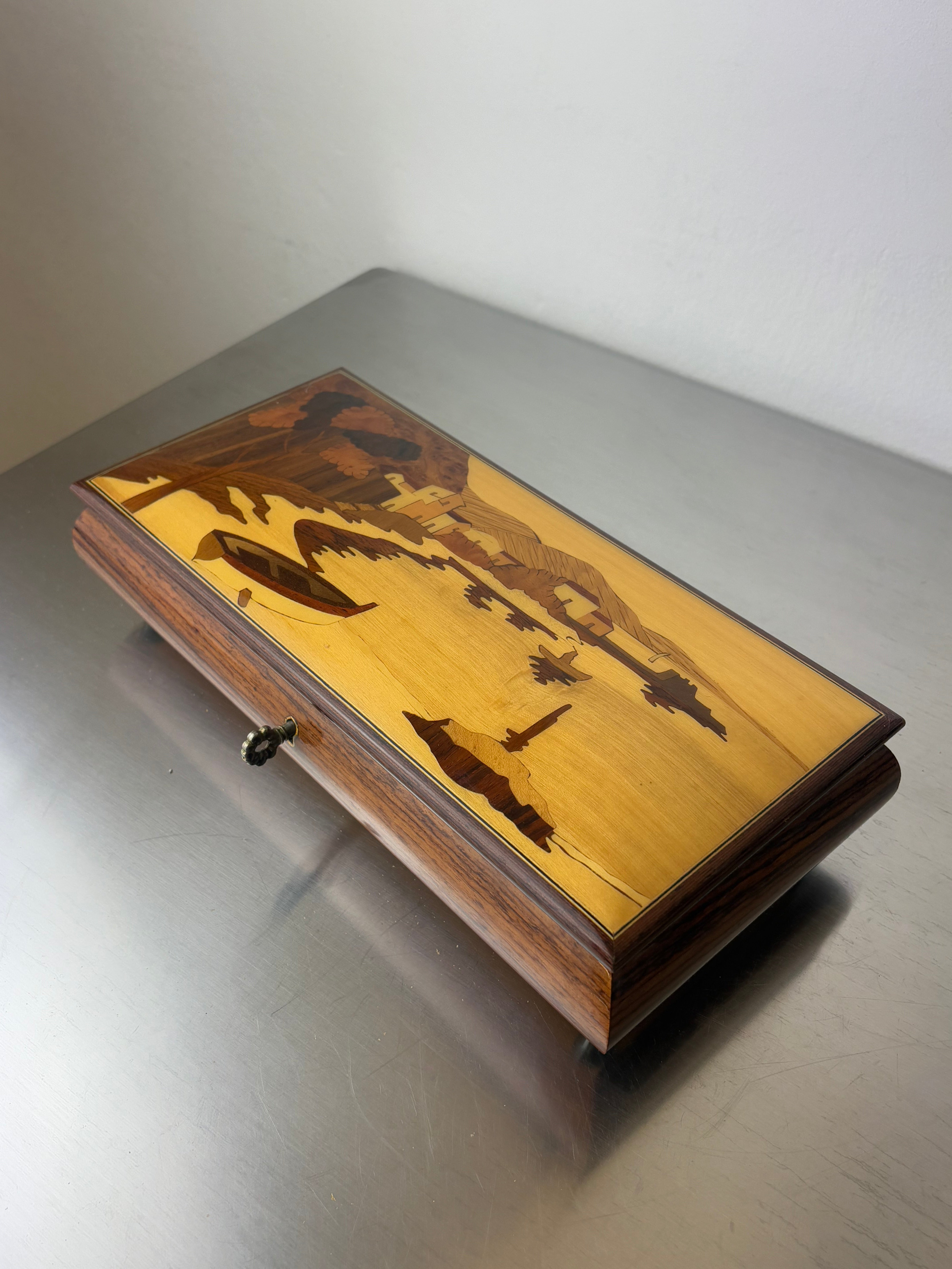 Italian 1950s Coastal Scene Marquetry Wood Box