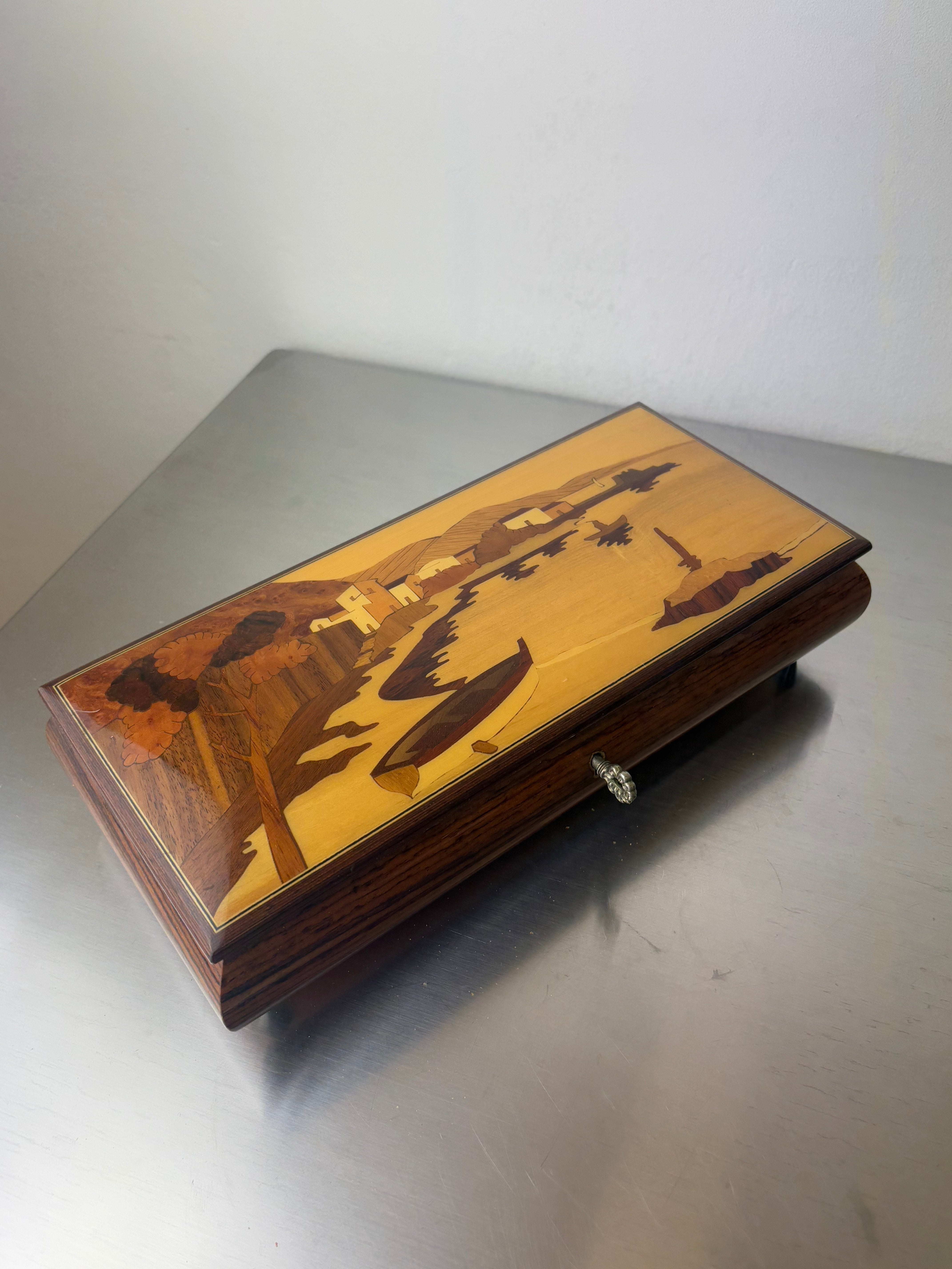 Italian 1950s Coastal Scene Marquetry Wood Box