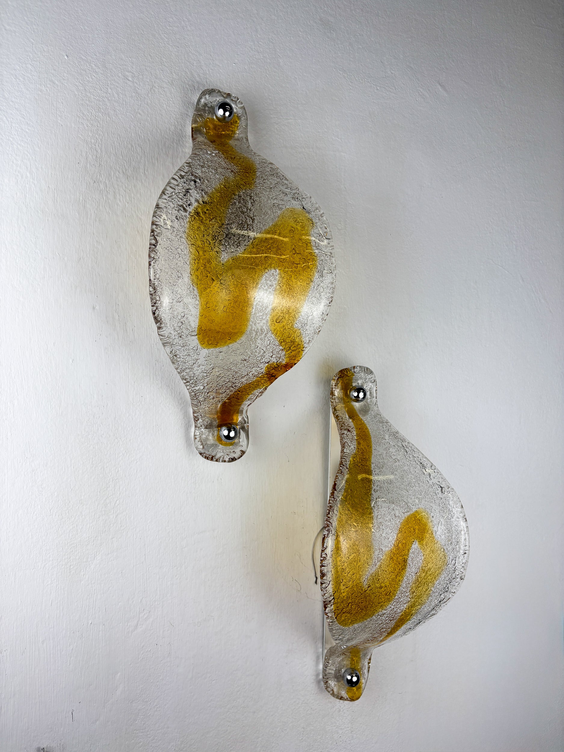 Pair of Mazzega Murano Wall Lights, Orange Frosted curved Glass, Italy, 1970s