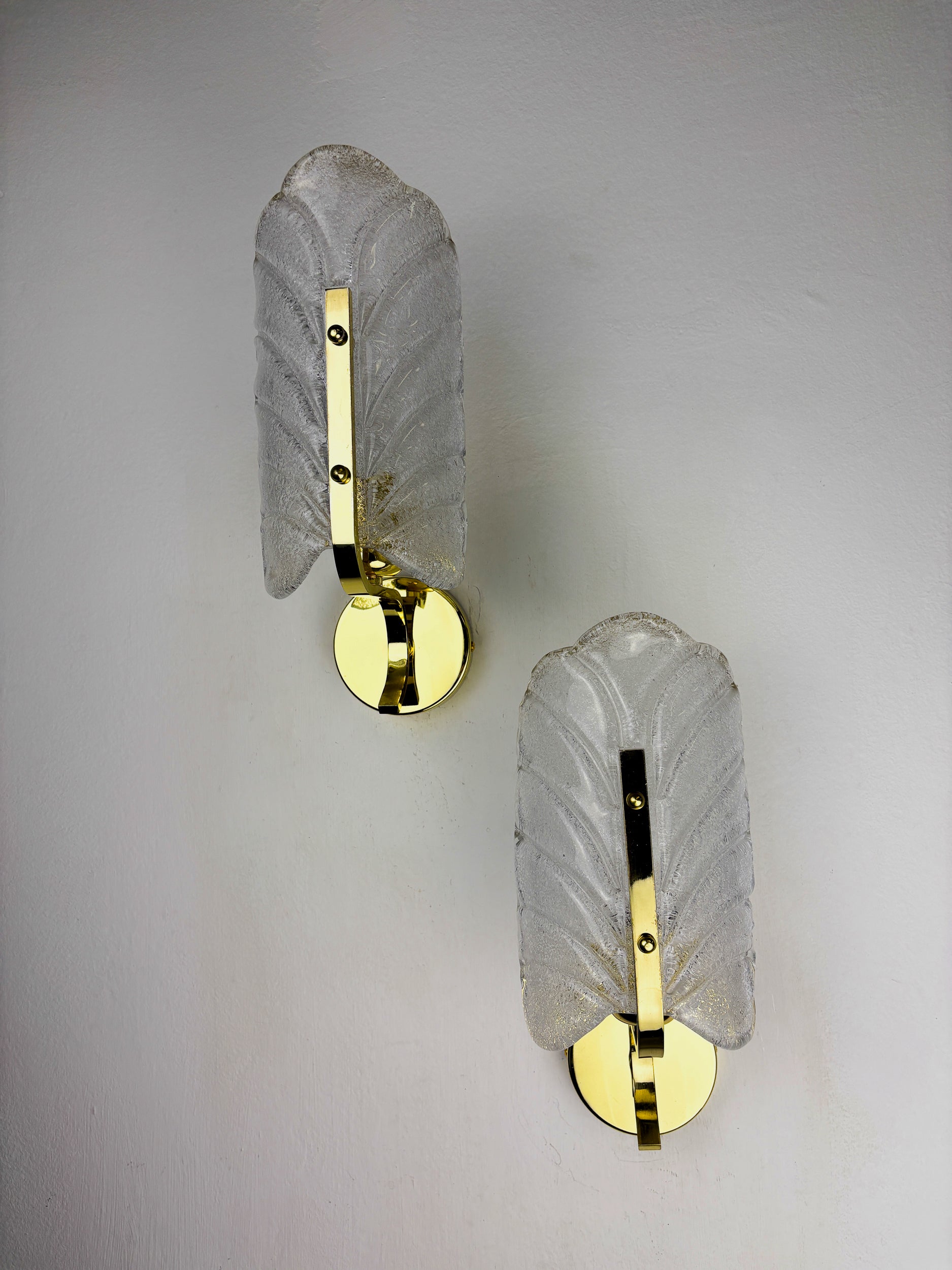 Pair of Murano Frosted Leaf Sconces, Textured Glass & Gilt Details, Circa 1970's