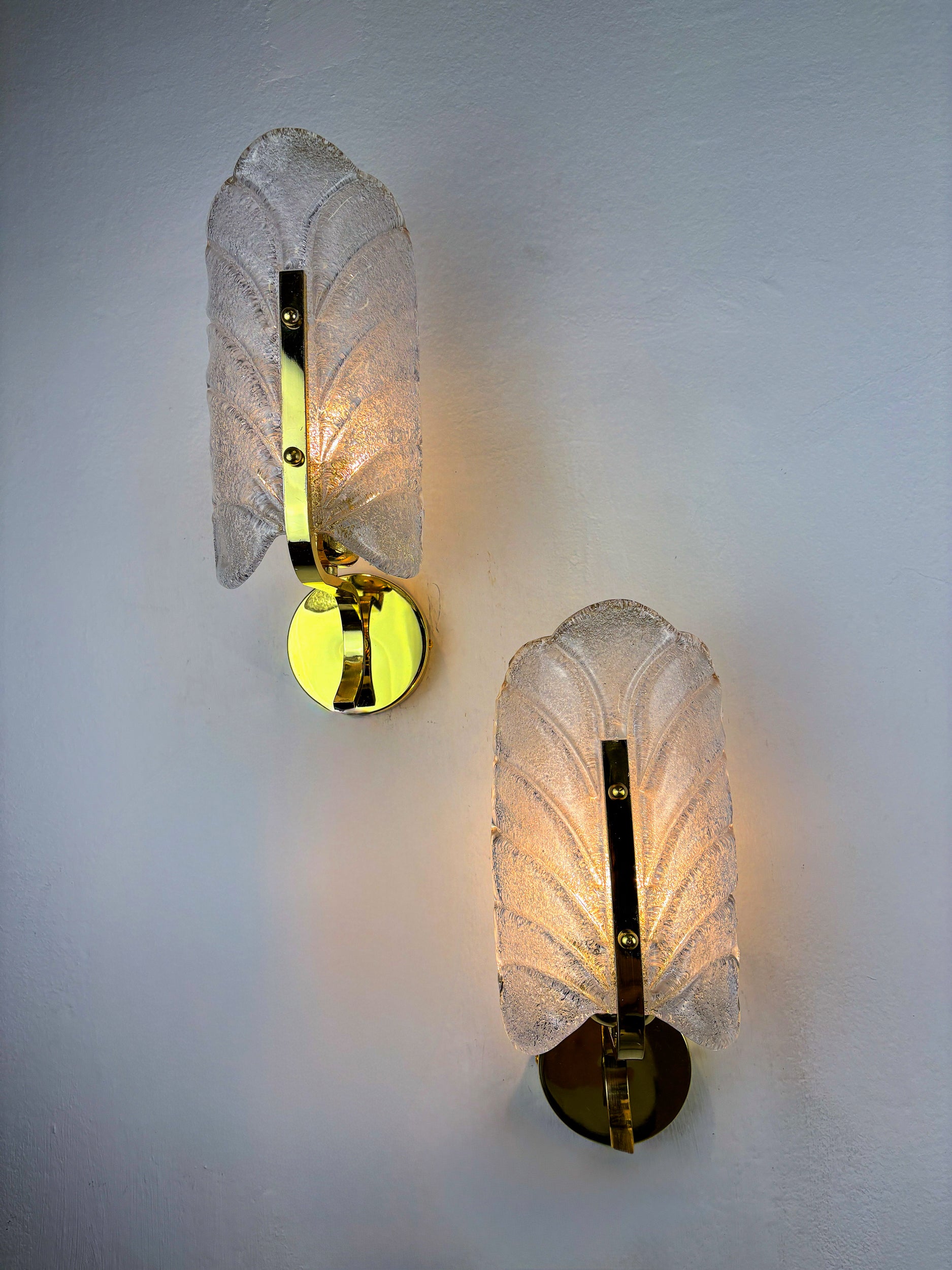 Pair of Murano Frosted Leaf Sconces, Textured Glass & Gilt Details, Circa 1970's