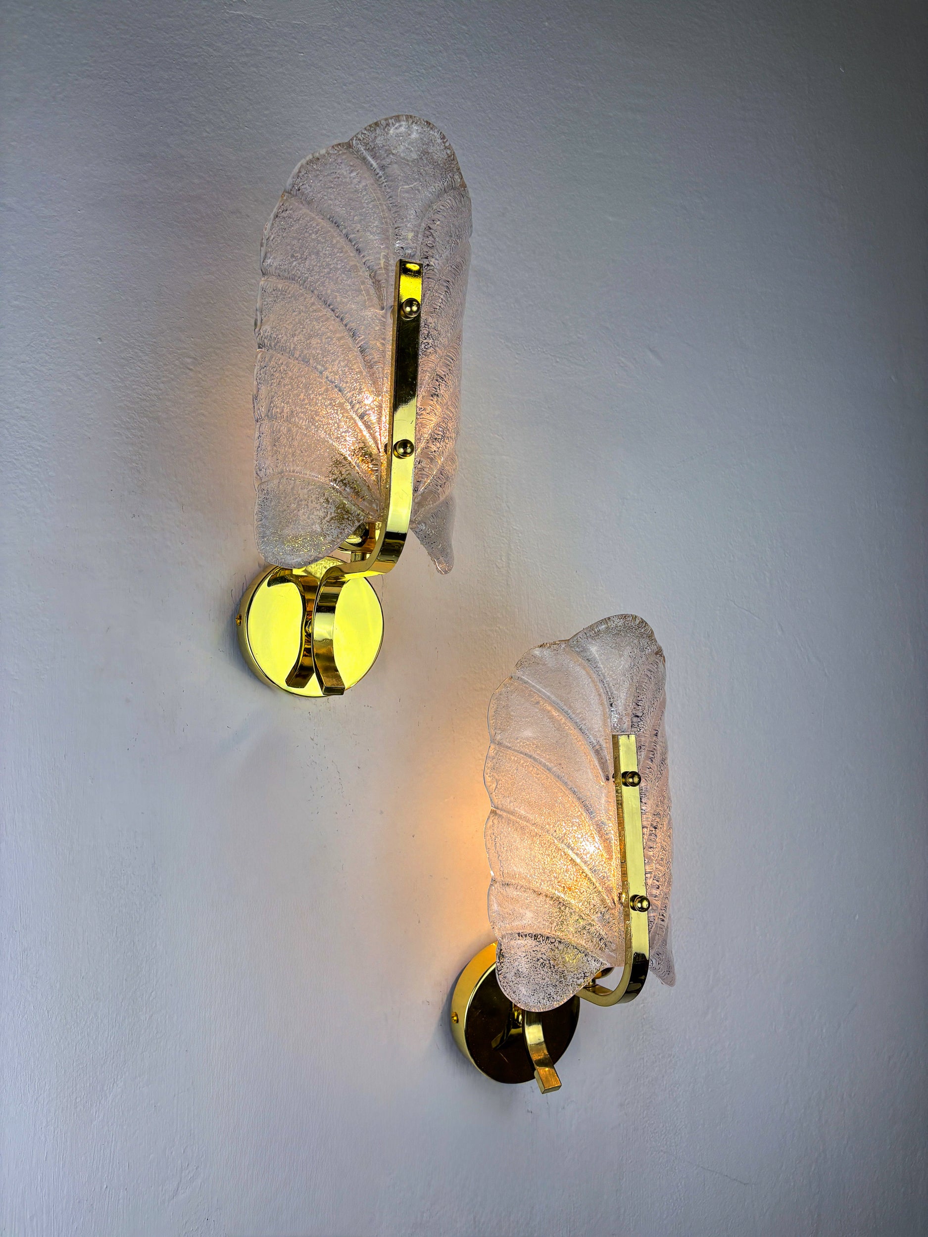 Pair of Murano Frosted Leaf Sconces, Textured Glass & Gilt Details, Circa 1970's