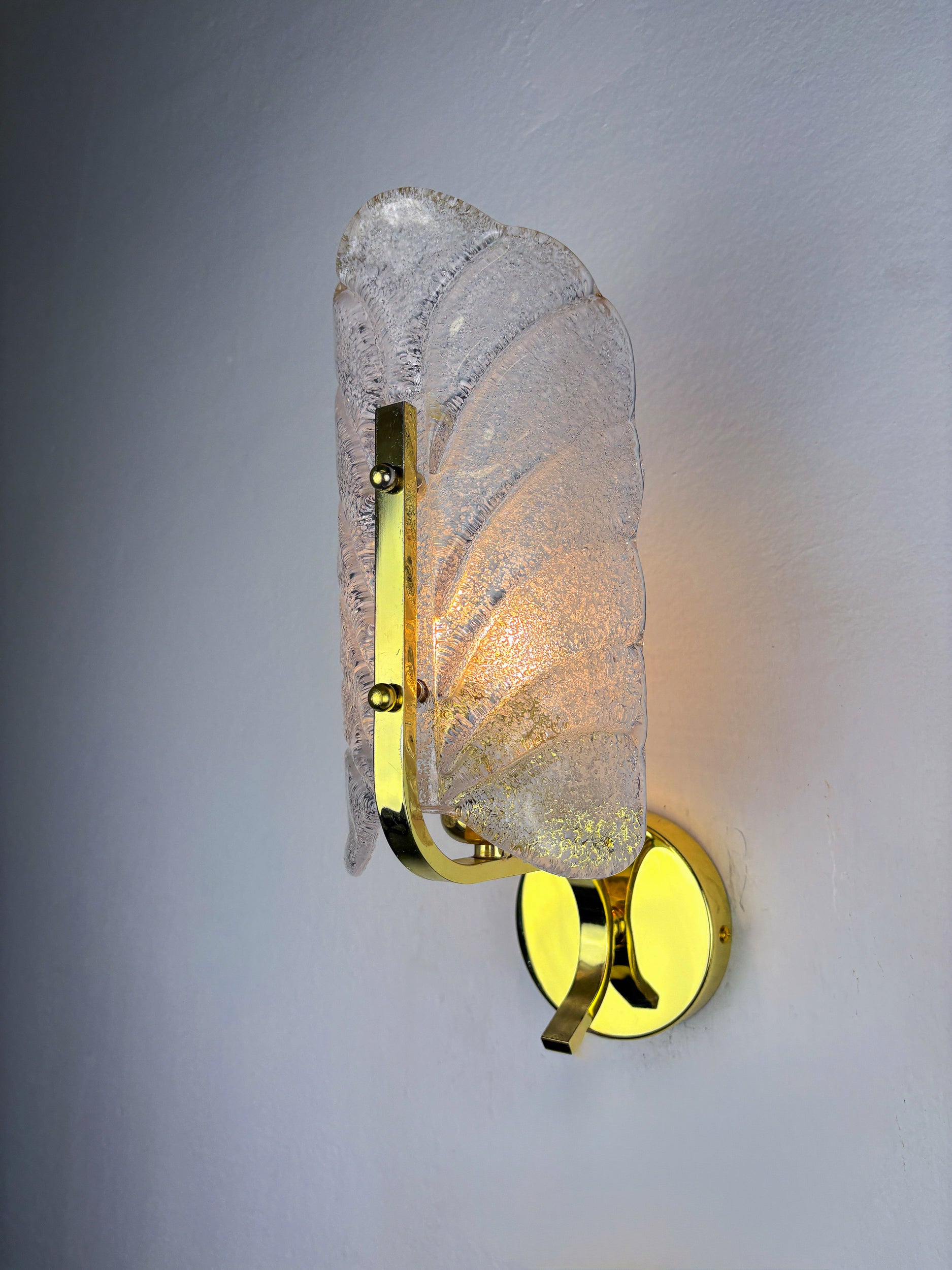 Pair of Murano Frosted Leaf Sconces, Textured Glass & Gilt Details, Circa 1970's