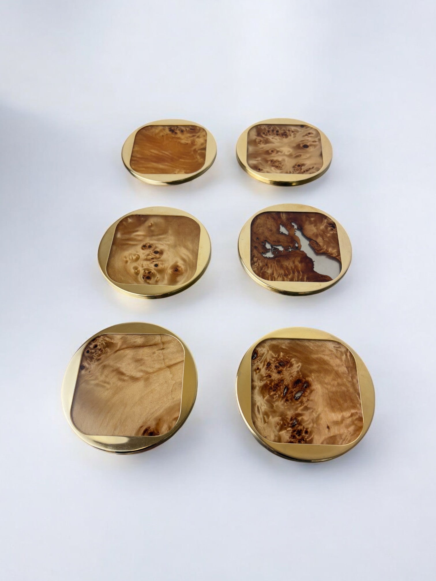 Aldo Tura Style Coasters in Lucite burl wood & Brass, set of 6, Italy, 1970's