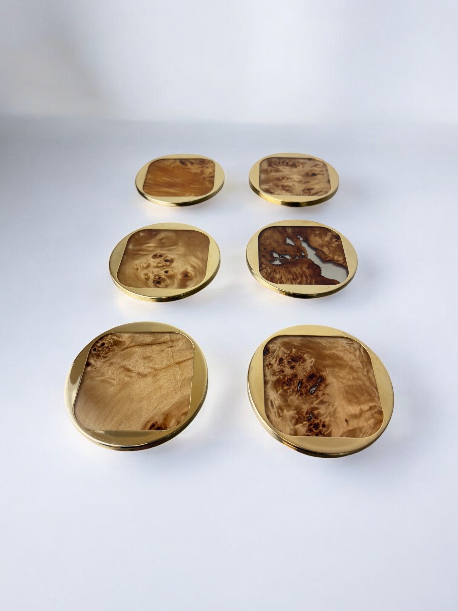 Aldo Tura Style Coasters in Lucite burl wood & Brass, set of 6, Italy, 1970's