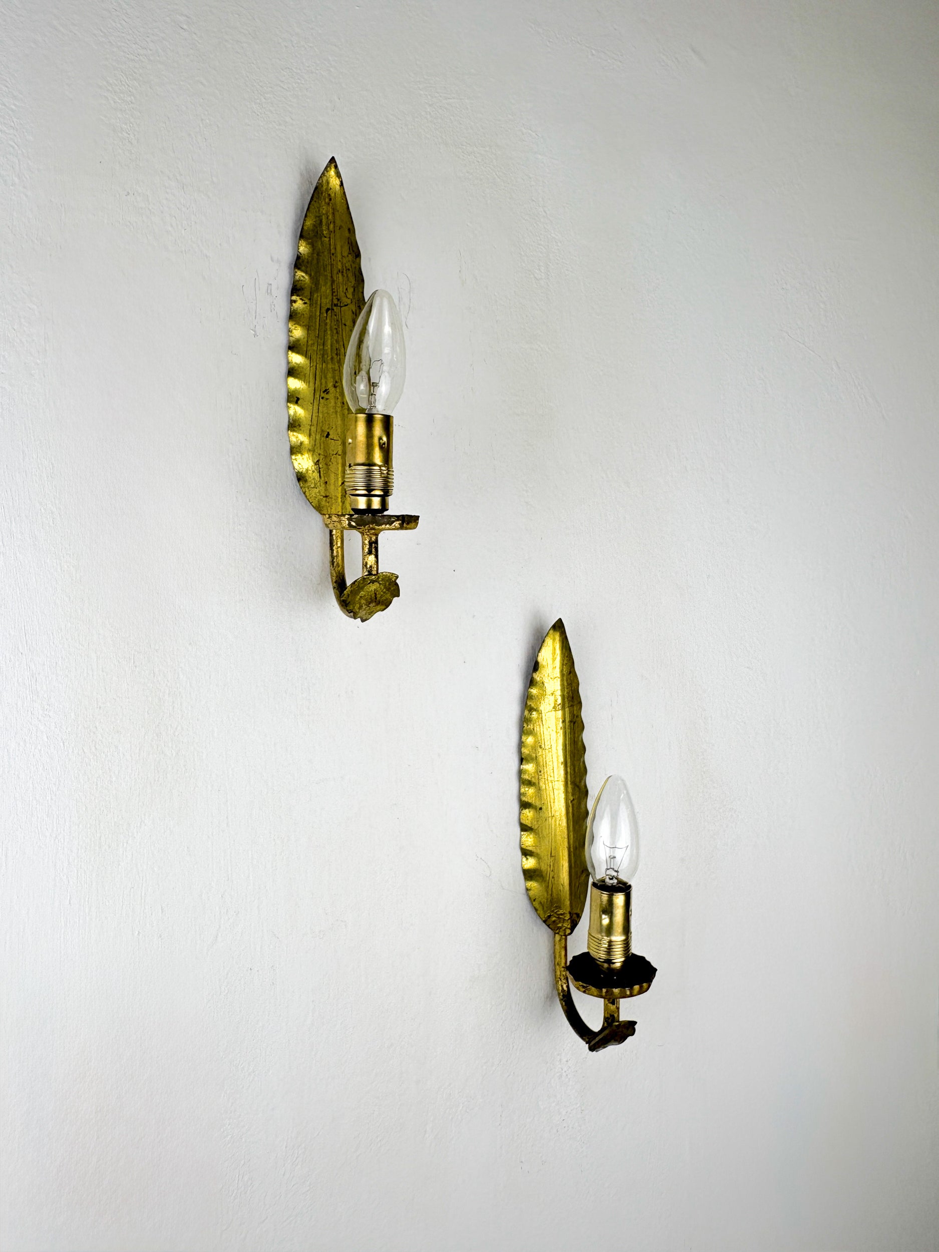 Pair of Spanish Foliage Wall Sconces, Leaf Arms & Bud Shades, Gilt Iron, 1970's