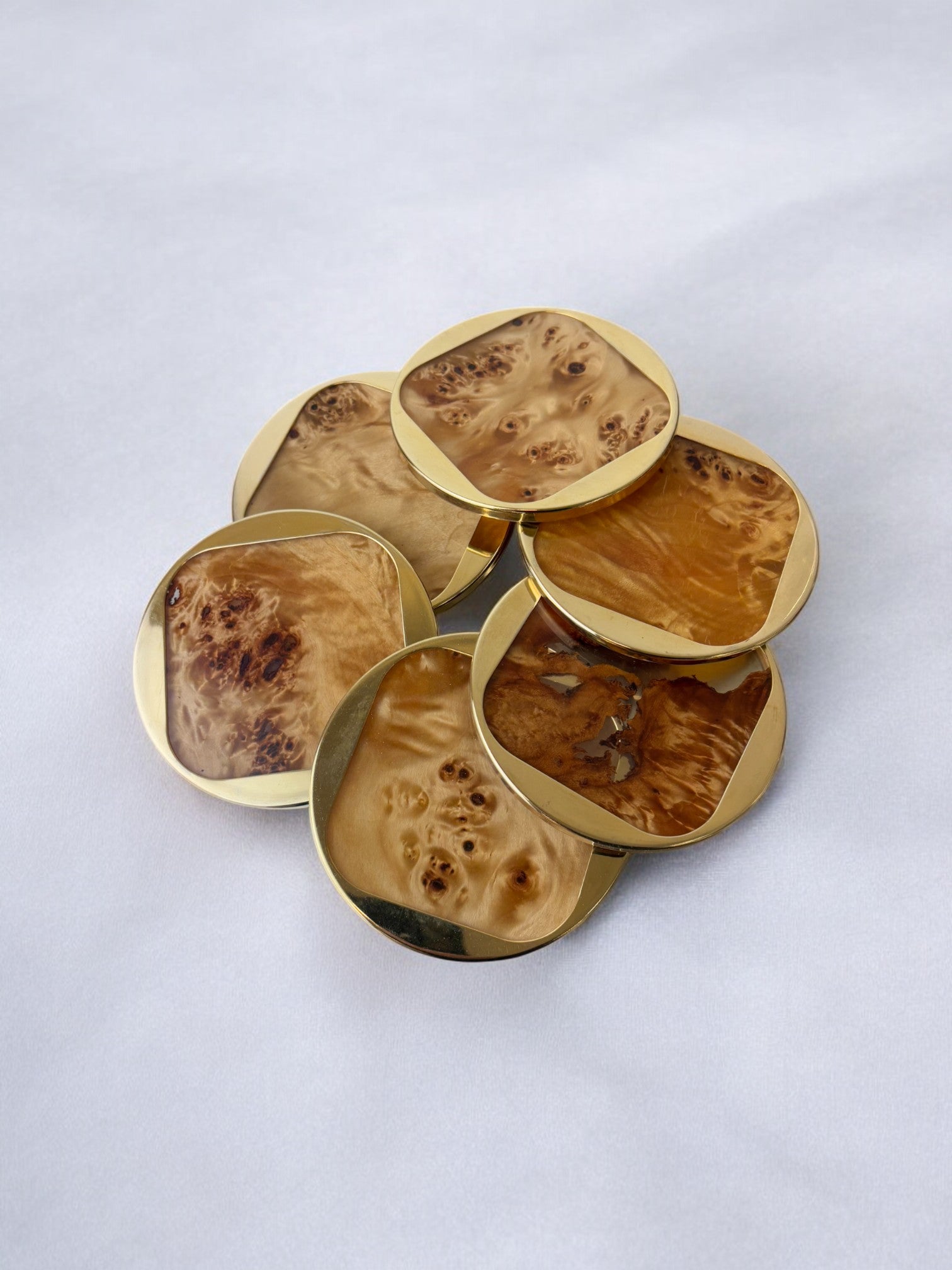 Aldo Tura Style Coasters in Lucite burl wood & Brass, set of 6, Italy, 1970's