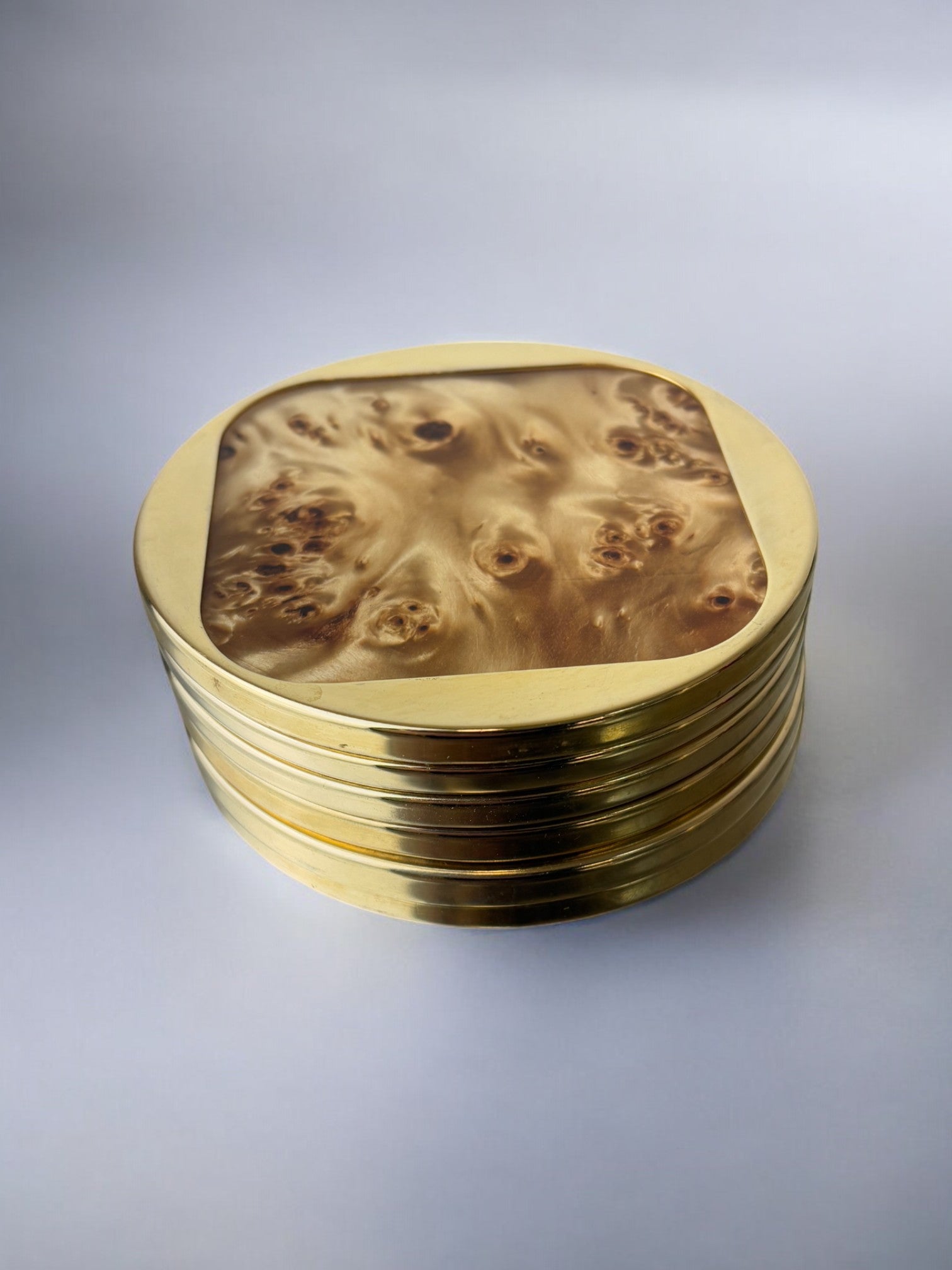 Aldo Tura Style Coasters in Lucite burl wood & Brass, set of 6, Italy, 1970's