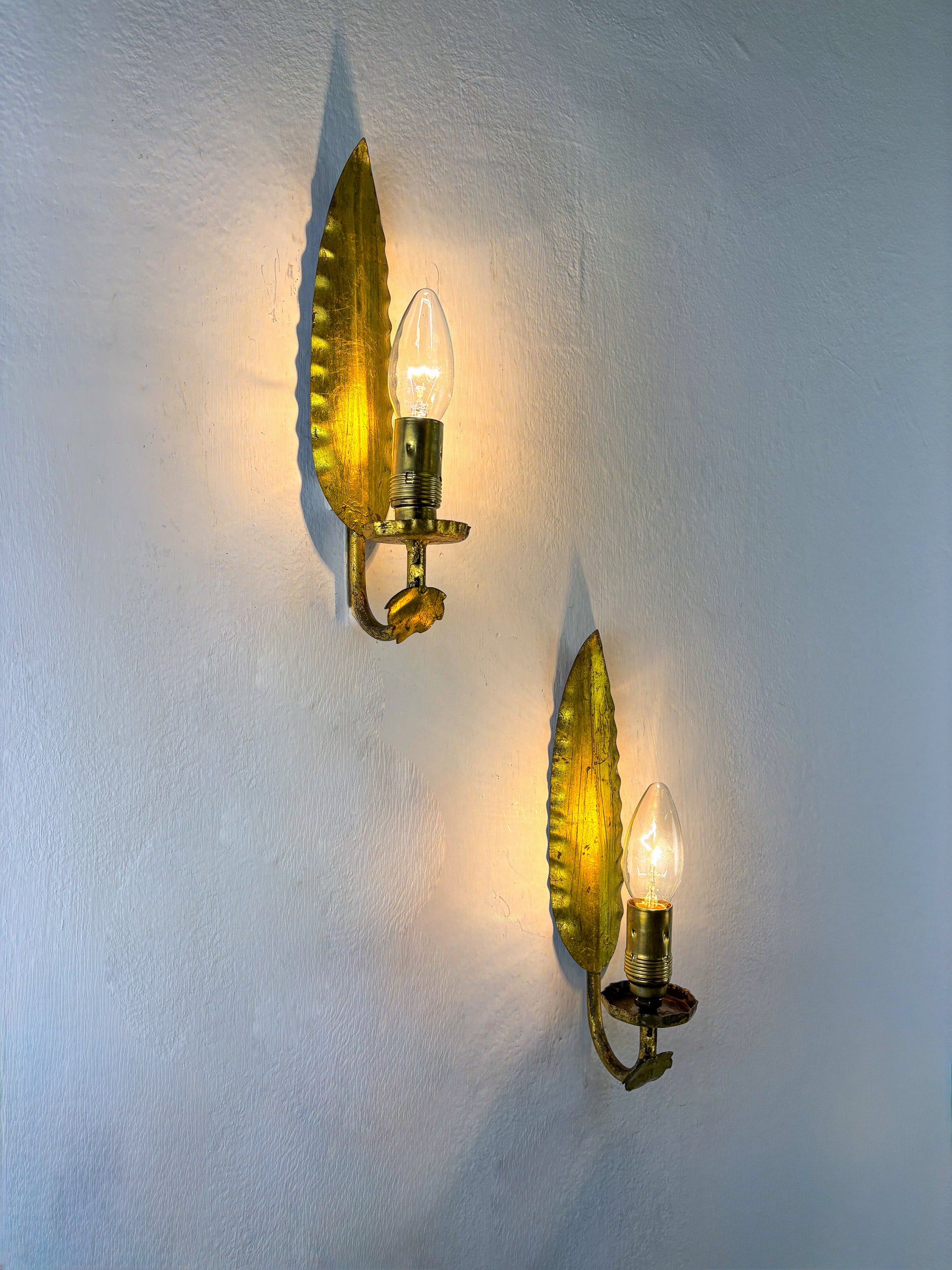 Pair of Spanish Foliage Wall Sconces, Leaf Arms & Bud Shades, Gilt Iron, 1970's